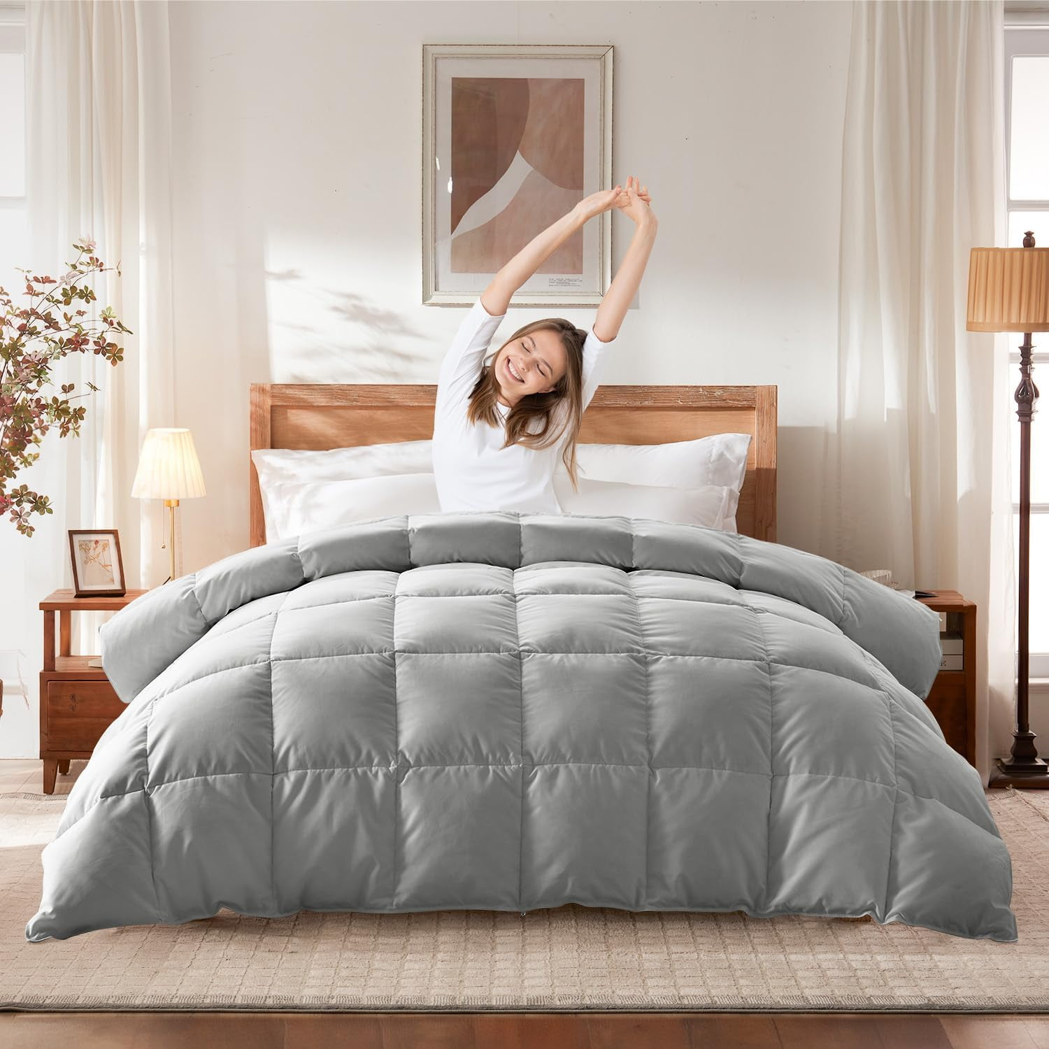 WarmKiss Queen Size Goose Feather Down Comforter – Ultra-Soft 100% Cotton Cover, Moisture-Wicking, Natural Kapok Fill, 46oz Medium Warmth, All-Season Fluffy Duvet Insert (90x90, Grey)