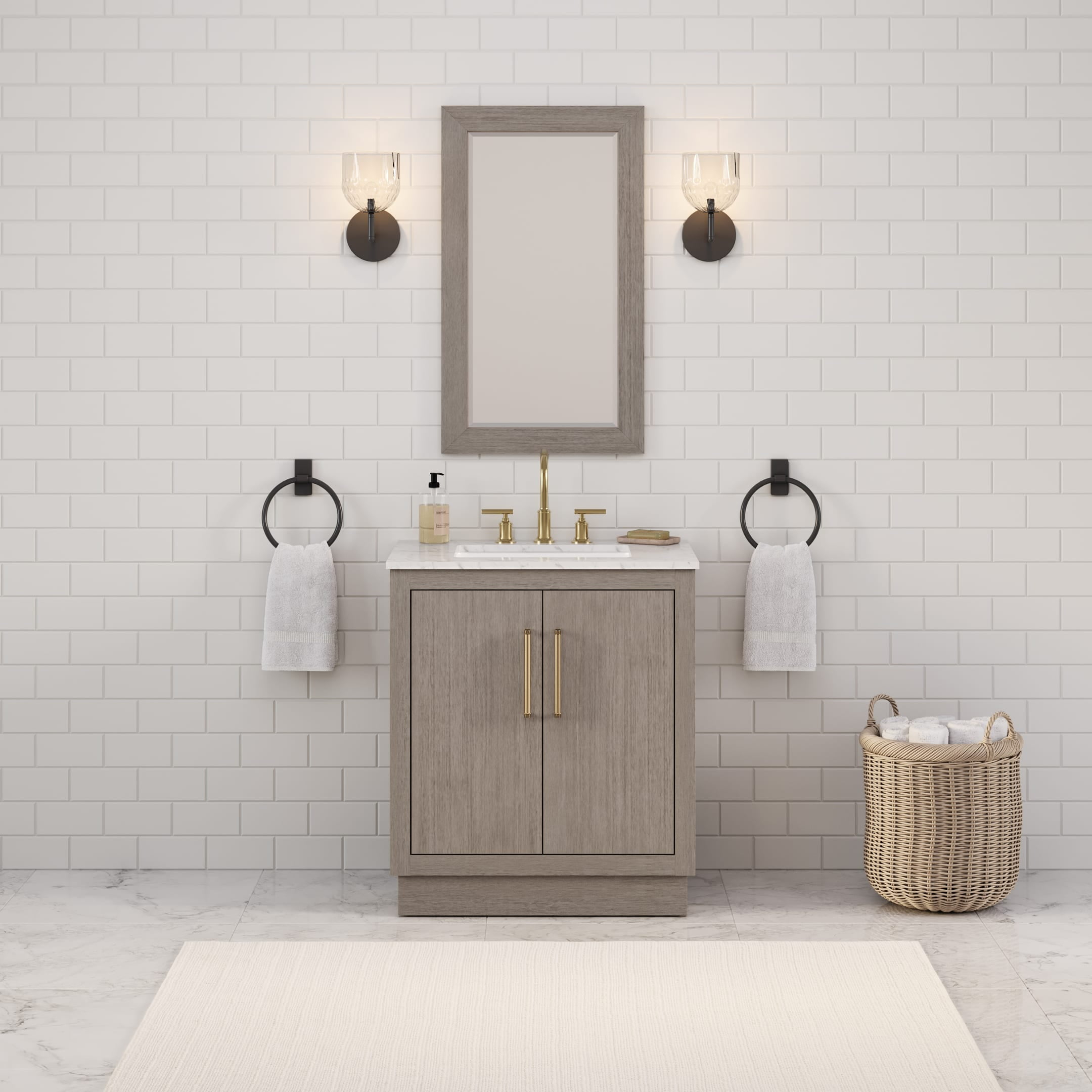 Water Creation 30" Wood Single Bathroom Vanity in Gray Oak & Gold