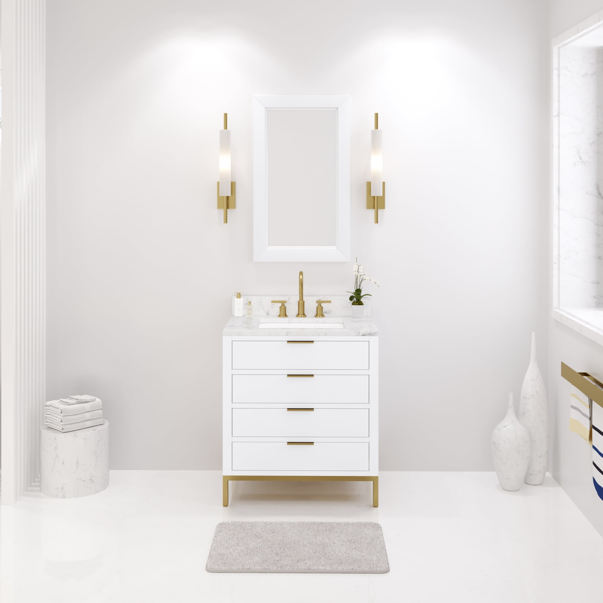 Water Creation Bristol 30" Wood Single Bathroom Vanity in Pure White and Gold