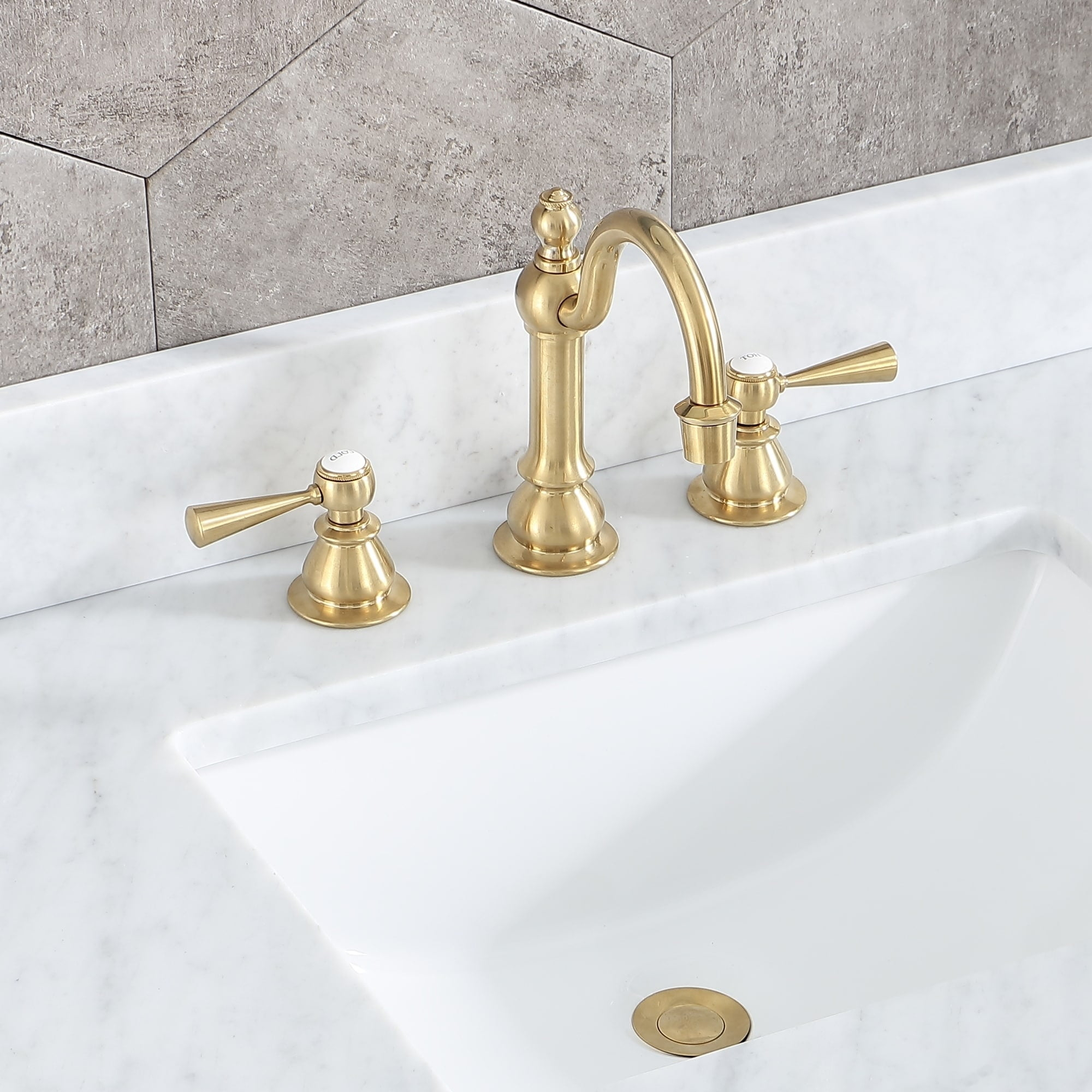 Water Creation  Satin Brass High Arc Torch Lever Handle True Brass Lavatory Faucet