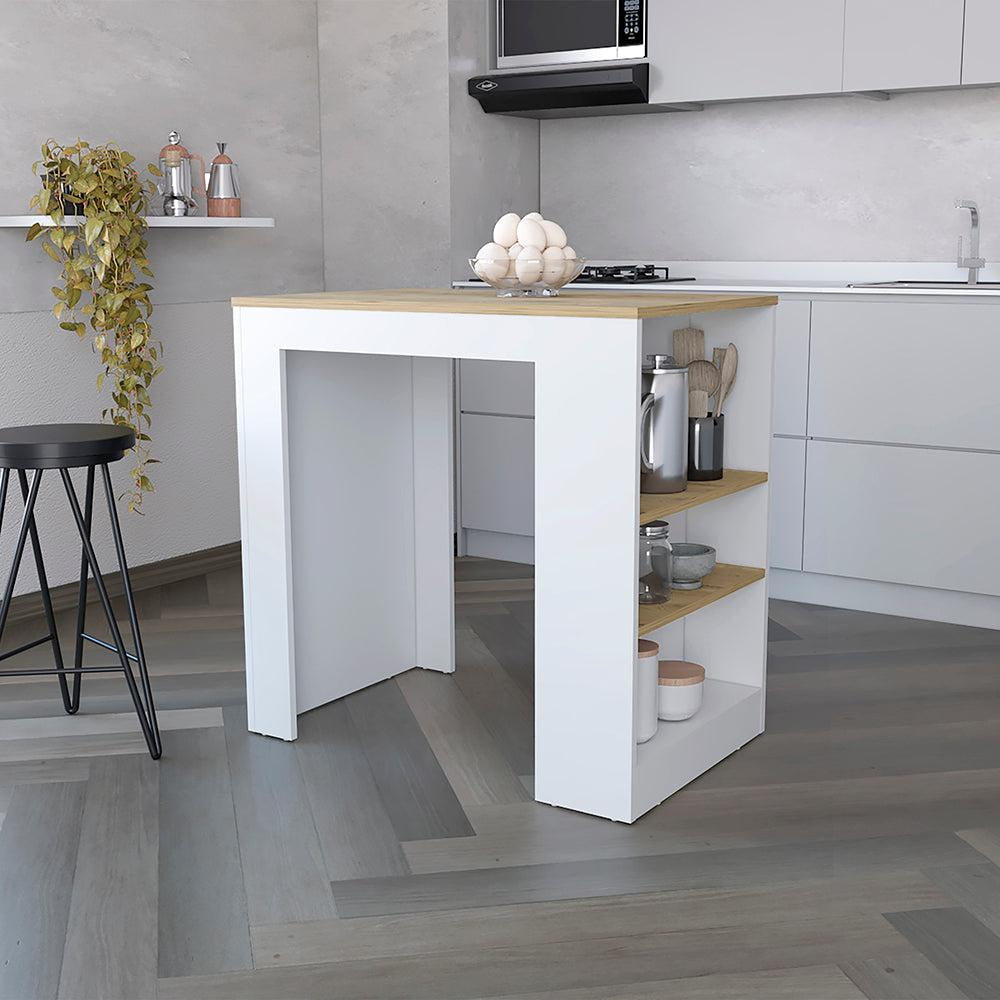We Have Furniture Kitchen Island Doyle, Three Side Shelves, White and Light Oak Finish