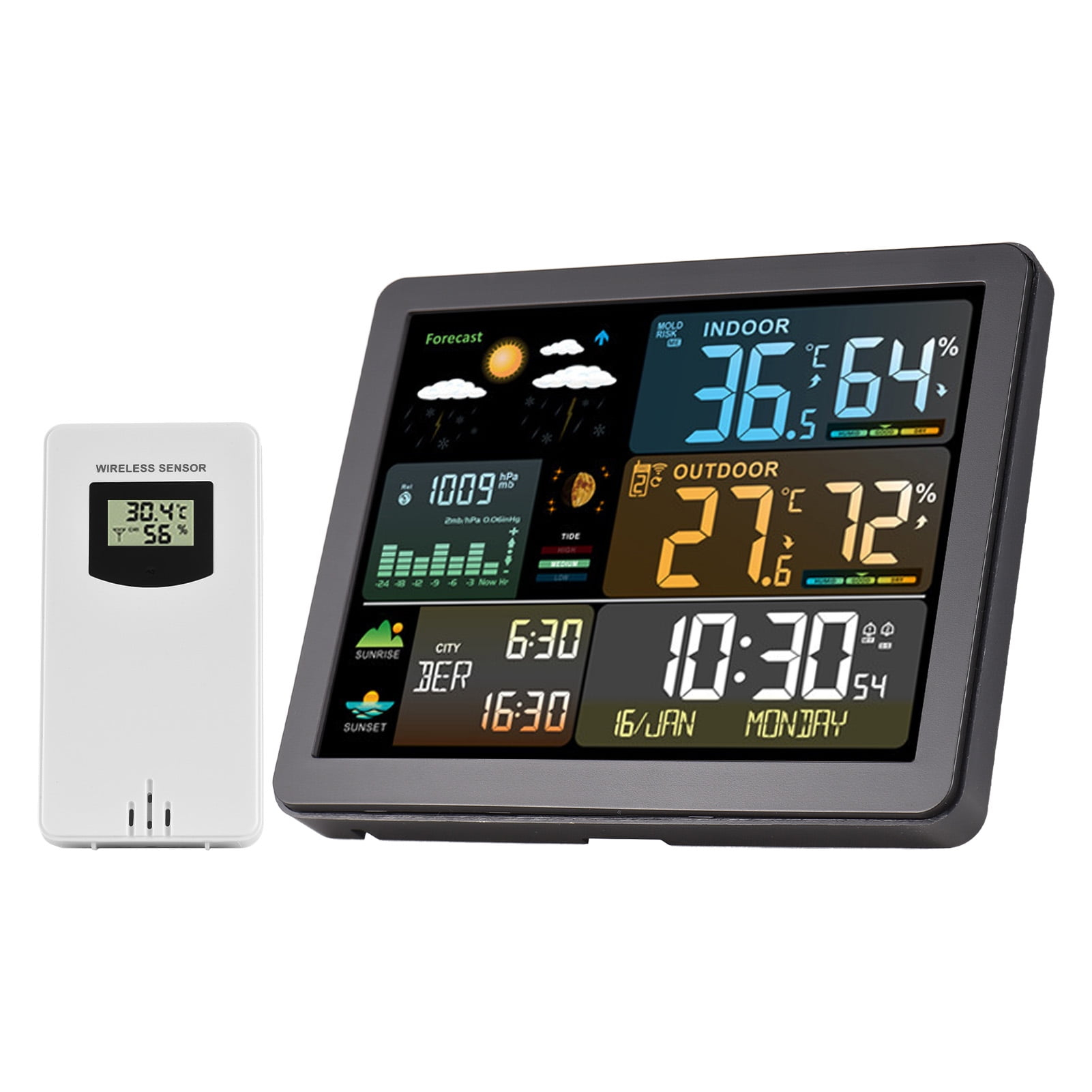 Weather Station Wireless Indoor Outdoor with Sensors Color Display Digital Weather Forecast Temperature Humidity Monitor Alarm Clock Electronic Sunrise Sunset Time Adjustable Backlight for Home Wall