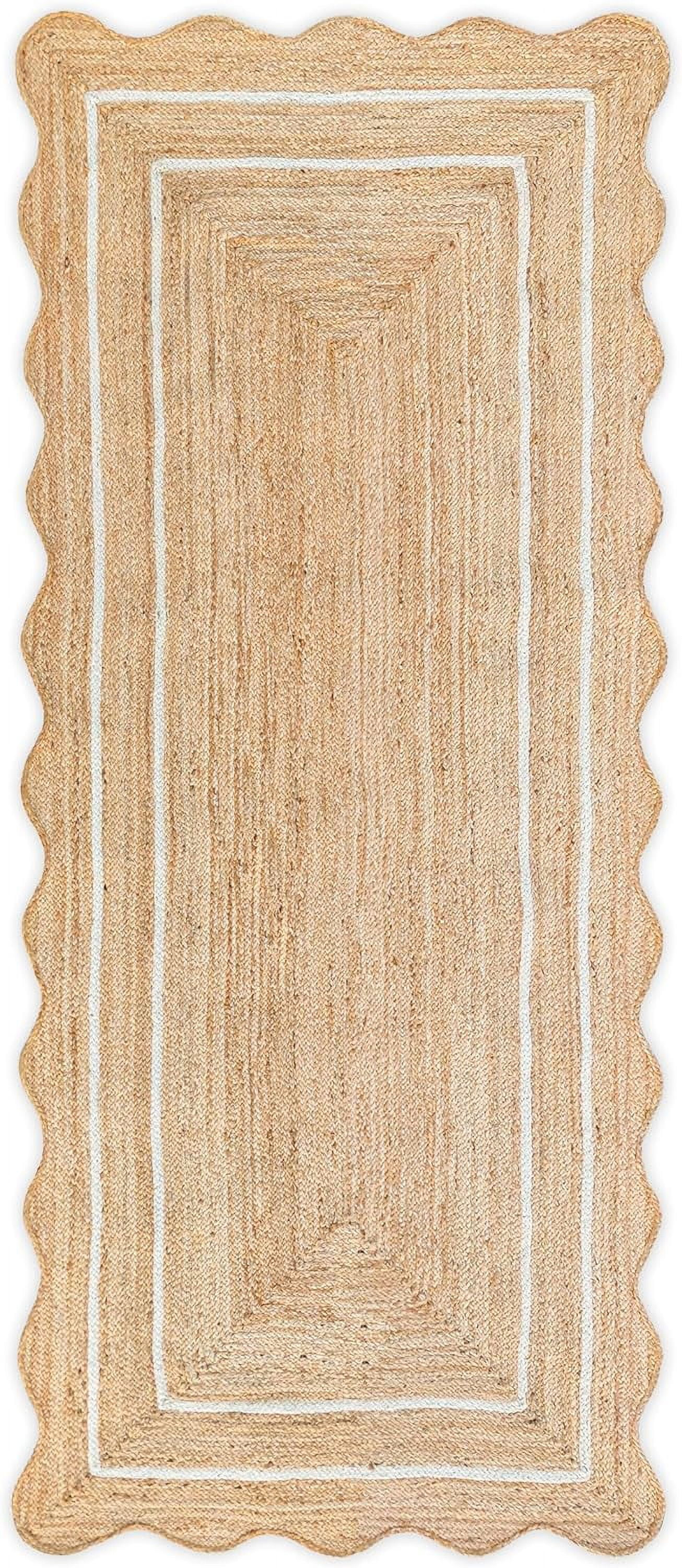 Weaving Village Wave Scalloped Natural Jute Rug Boho Jute Rug Entryway Runner Rug Farmhouse Scallop Rug, Off White (2'x6')