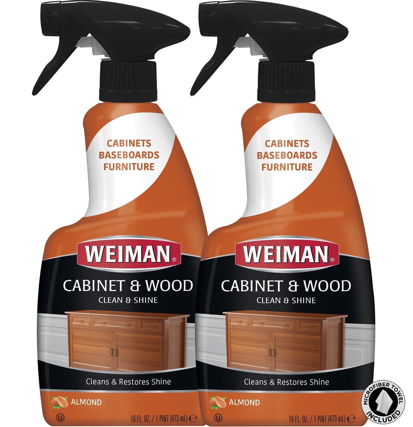 Weiman Liquid Wood Cleaner & Polish, Almond Scent, 16 Fluid Ounce, 2 Count w/ Microfiber Towel