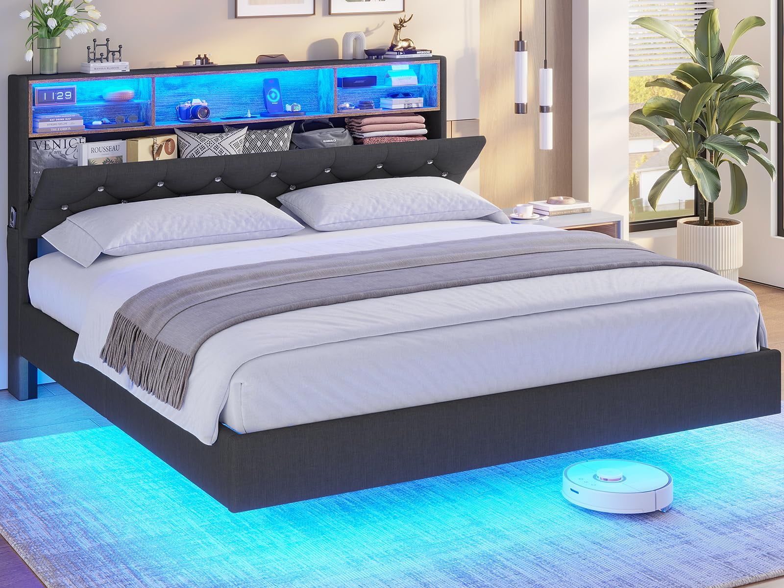 Weiplehoom Full Floating Bed Frame with Storage Headboard and LED Lights, Linen Upholstered Platform Bed with Charging Station, Dark Gray