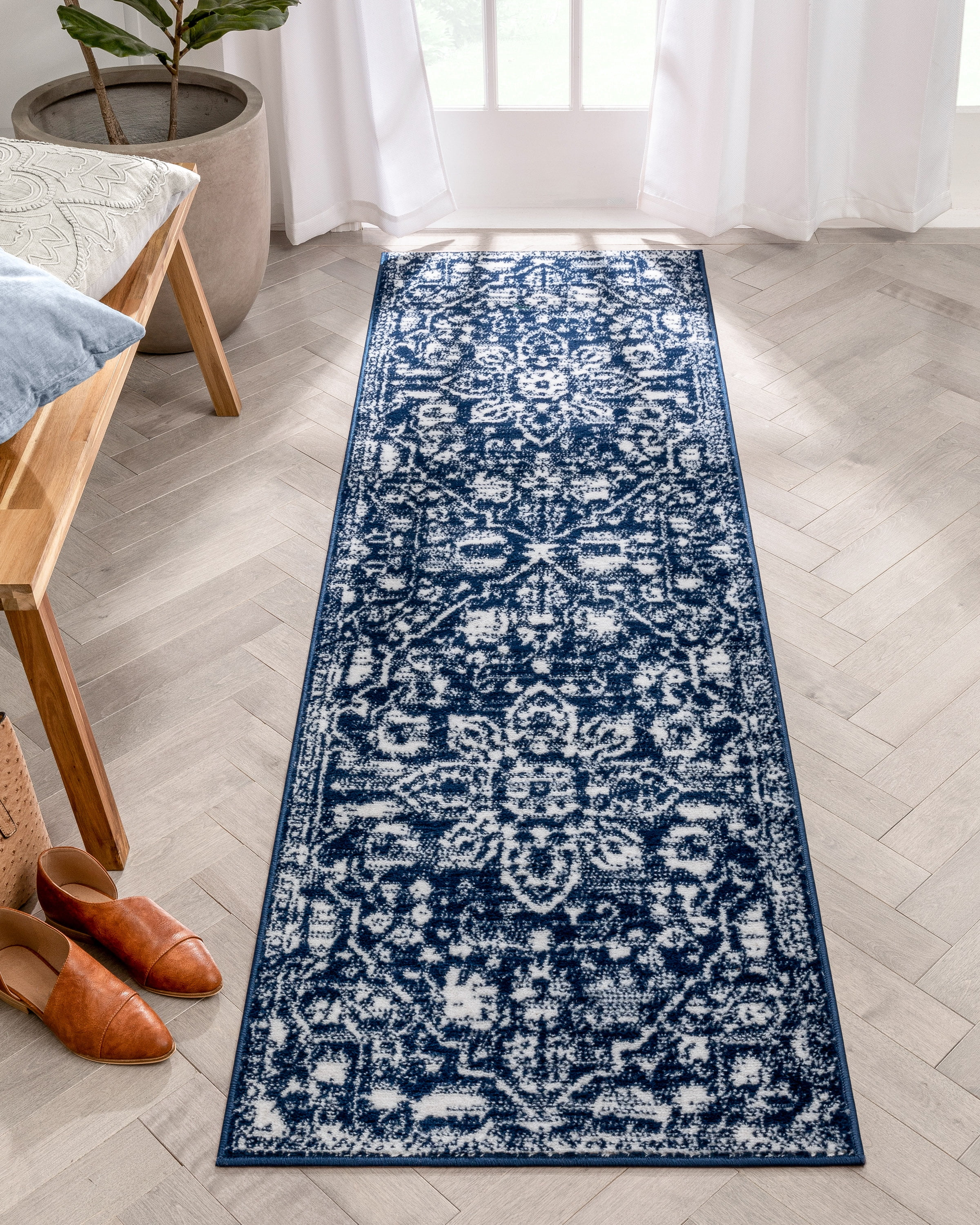 Well Woven Dazzle Disa Vintage Bohemian Oriental Floral Dark Blue 2'3" x 7'3" Runner Area Rug
