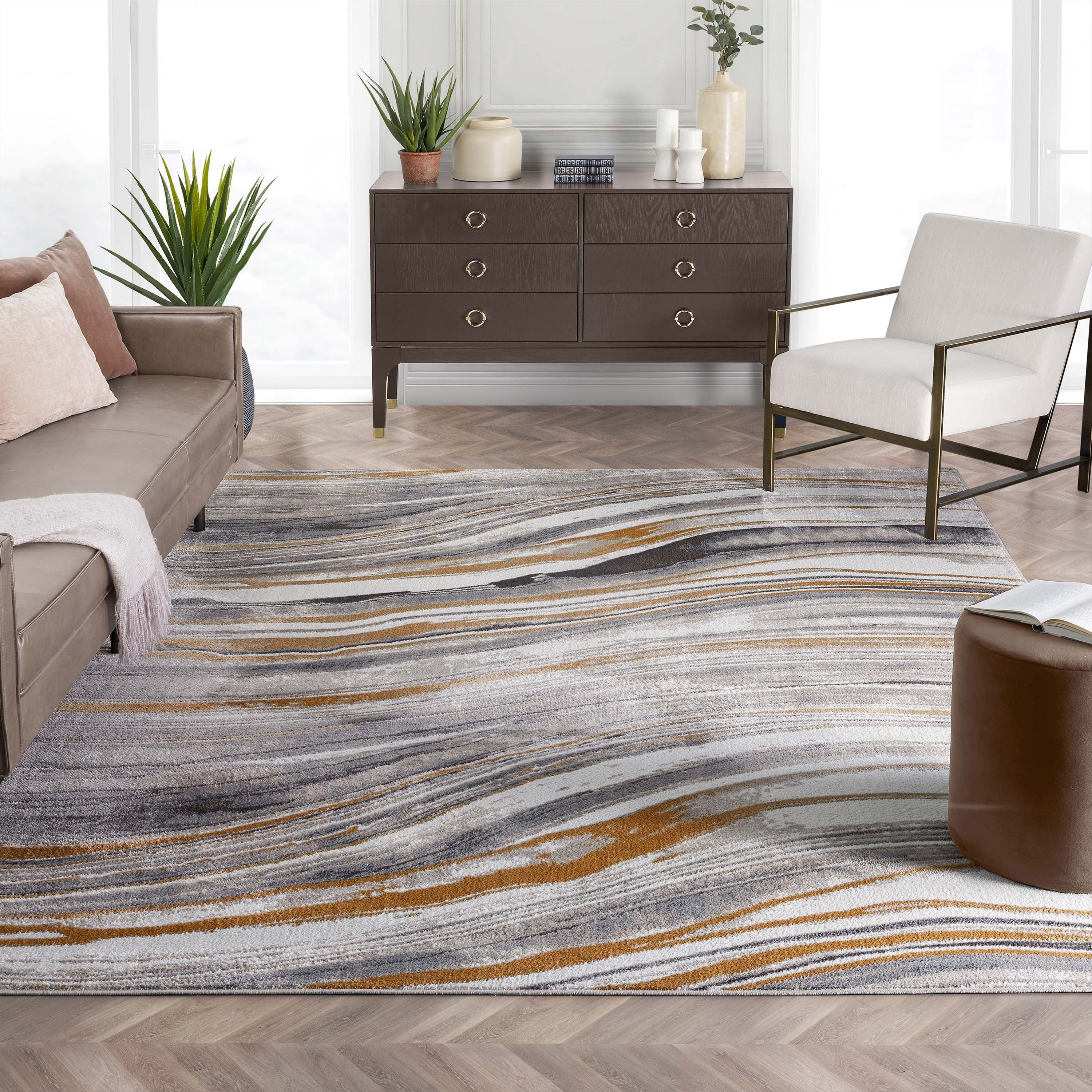 Well Woven Devin Grey Golden Rust Abstract Geometric Stripes Modern 3'11" x 5'3" Indoor Area Rug