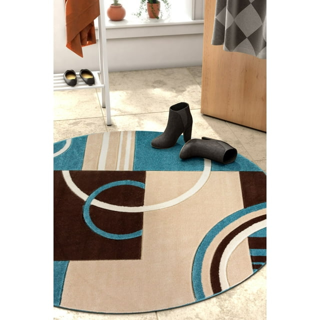Echo Shapes Circles Modern Geometric Comfy Casual Hand Carved Abstract Contemporary Thick Soft 5'3" Round Blue Area Rug