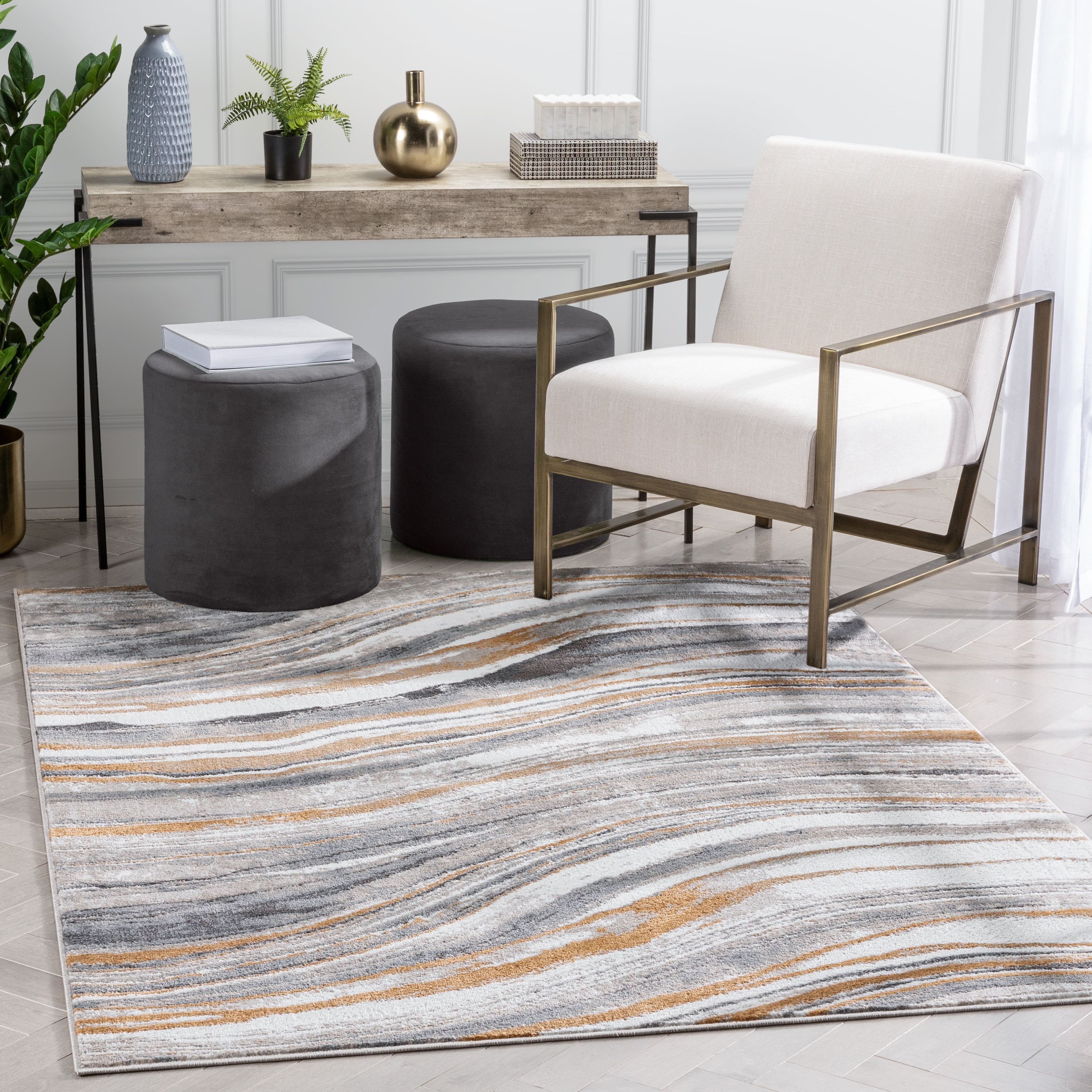 Well Woven Devin Grey Golden Rust Abstract Geometric Stripes Modern 3'11" x 5'3" Indoor Area Rug