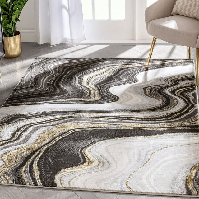 Well Woven Werrick Grey & Gold Striated Marble Pattern Rug 8x10 (7'10" x 9'10")