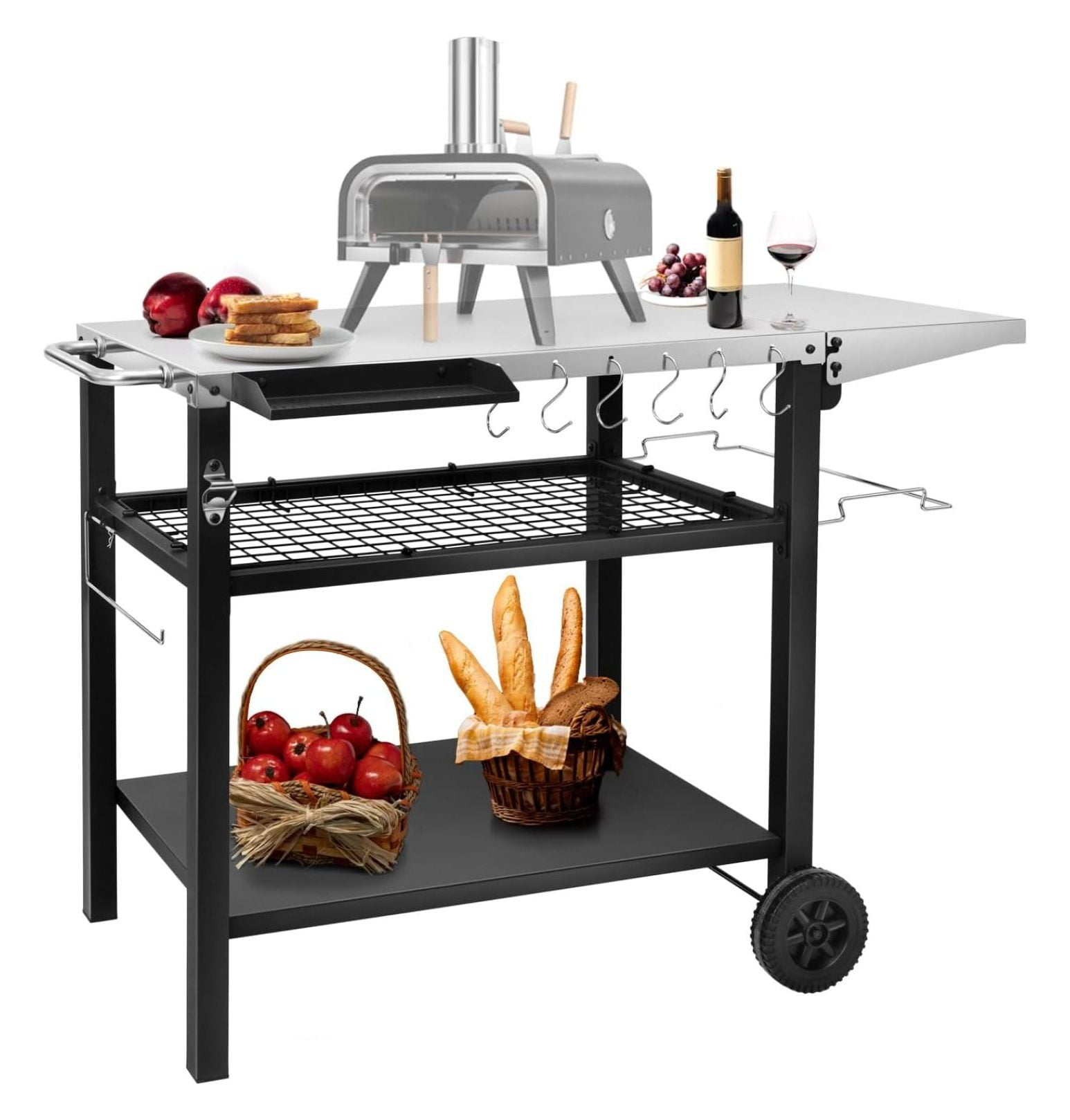 Werqueid Outdoor Grill Cart Table Pizza Oven Stand, Three-Shelf Stainless Steel Food Prep Table Patio BBQ Grill Table Bar Cart Kitchen Island with Wheels