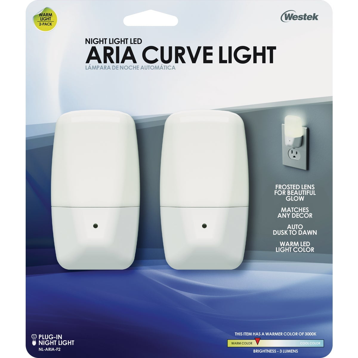 Westek 3853801 Automatic Electrical Outlet Aria Curved LED Night Light