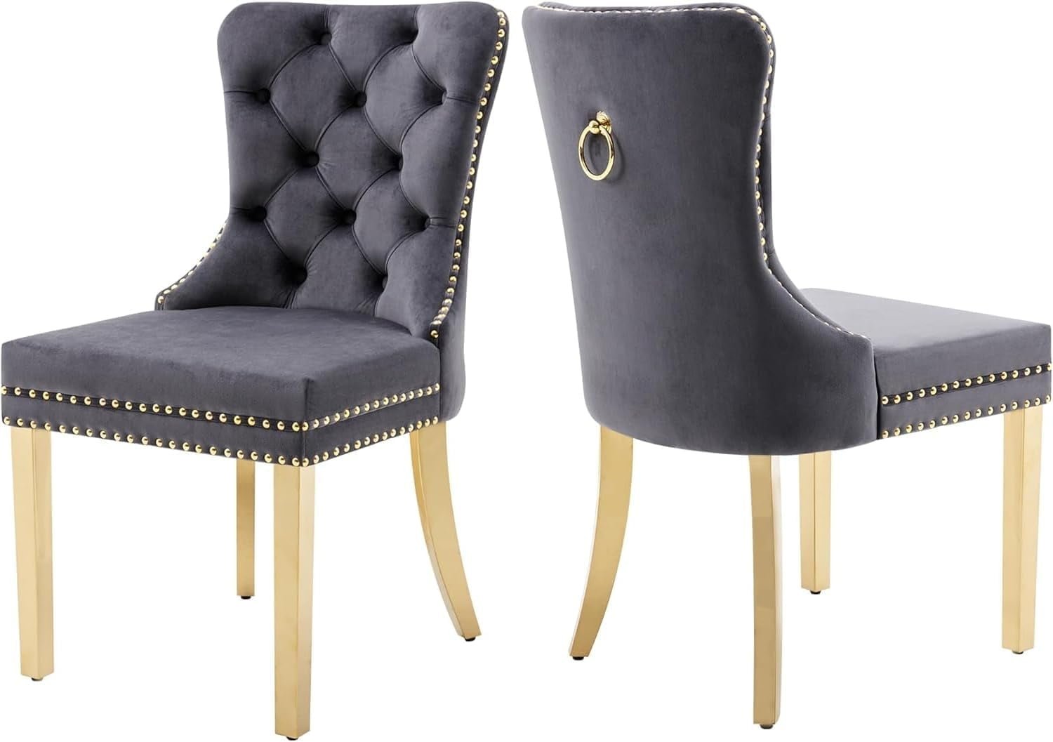 Westice Dining Room Chairs Set of 2, Tufted Velvet Chairs with Golden Stainless Legs, Rivet Trim Metal Pull Ring Large Back for Kitchen Dining Room Restaurant, Dark Gray