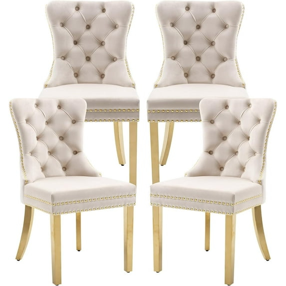 SoarFlash Velvet Dining Chairs Set of 4, Tall Back Side Chair, Modern Upholstered High-end Tufted Side Chair with Button Back Ring, Solid Wood Legs (Beige)