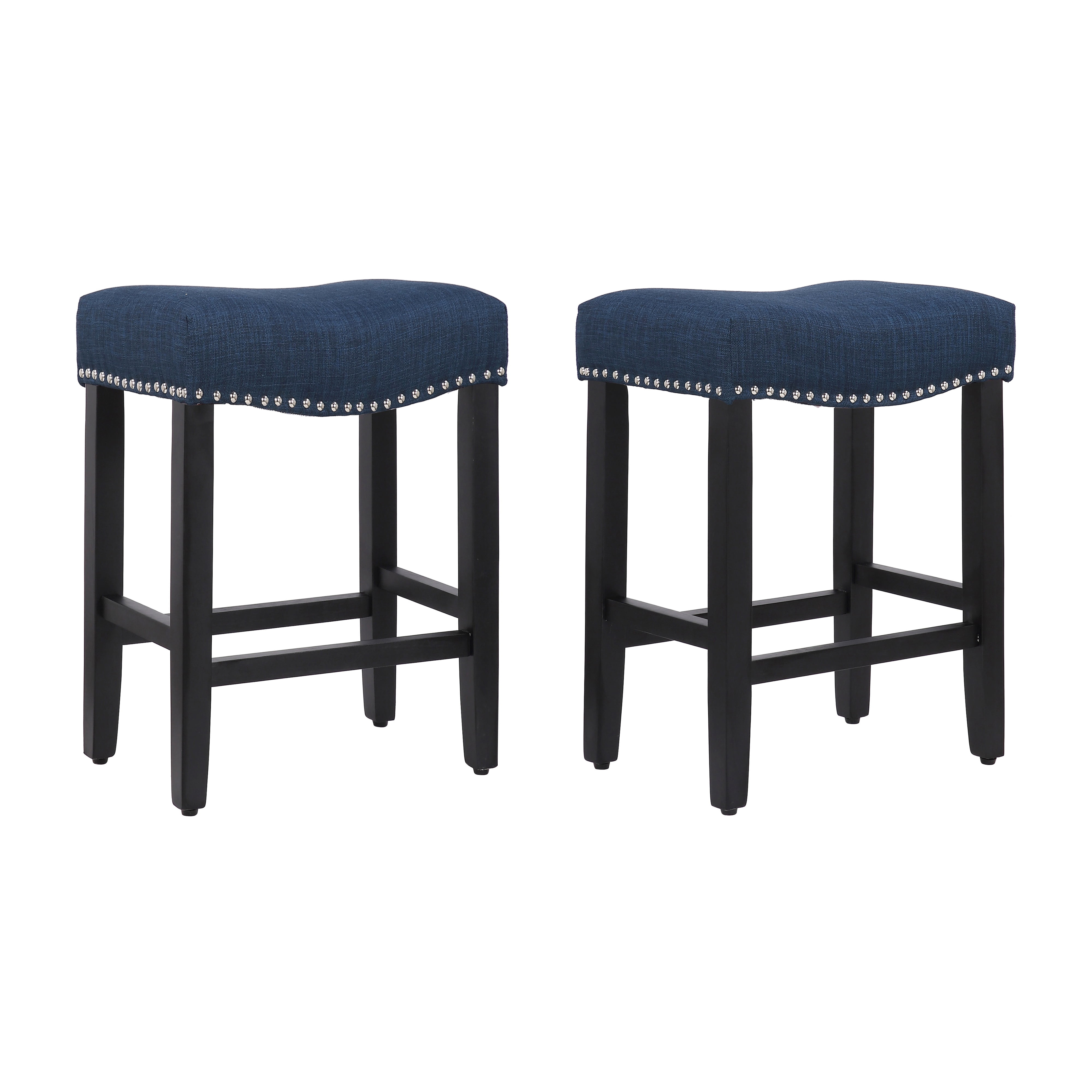Westin Outdoor Yazan 24" Upholstered Bar Stool with Nail Head Trim (Set of 2), Black/Navy Blue