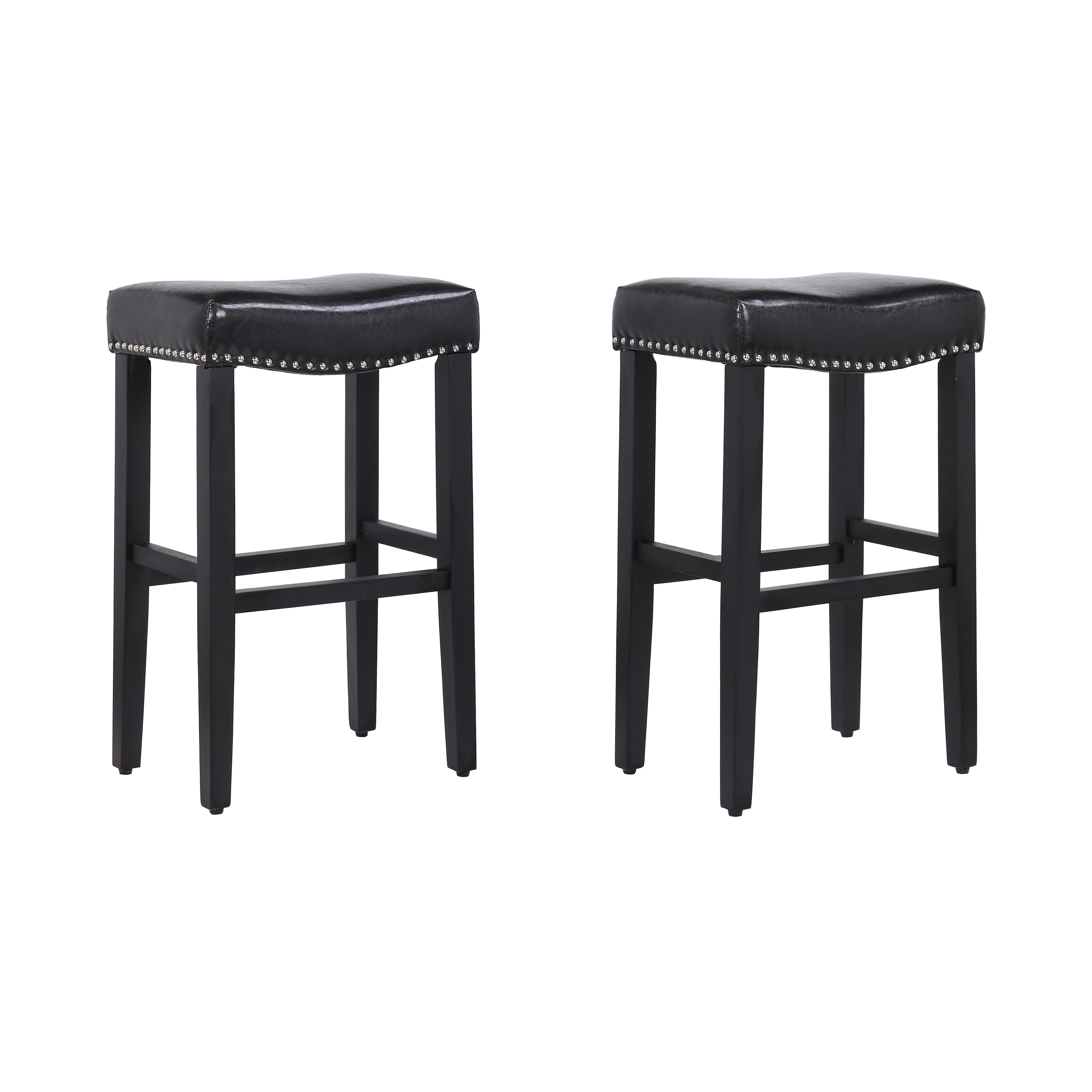 Westin Outdoor Yazan 29" Upholstered Counter Stool with Nail Head Trim (Set of 2), Black/Leather