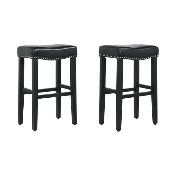 Westin Outdoor Yazan 29" Upholstered Counter Stool with Nail Head Trim (Set of 2), Black/Leather