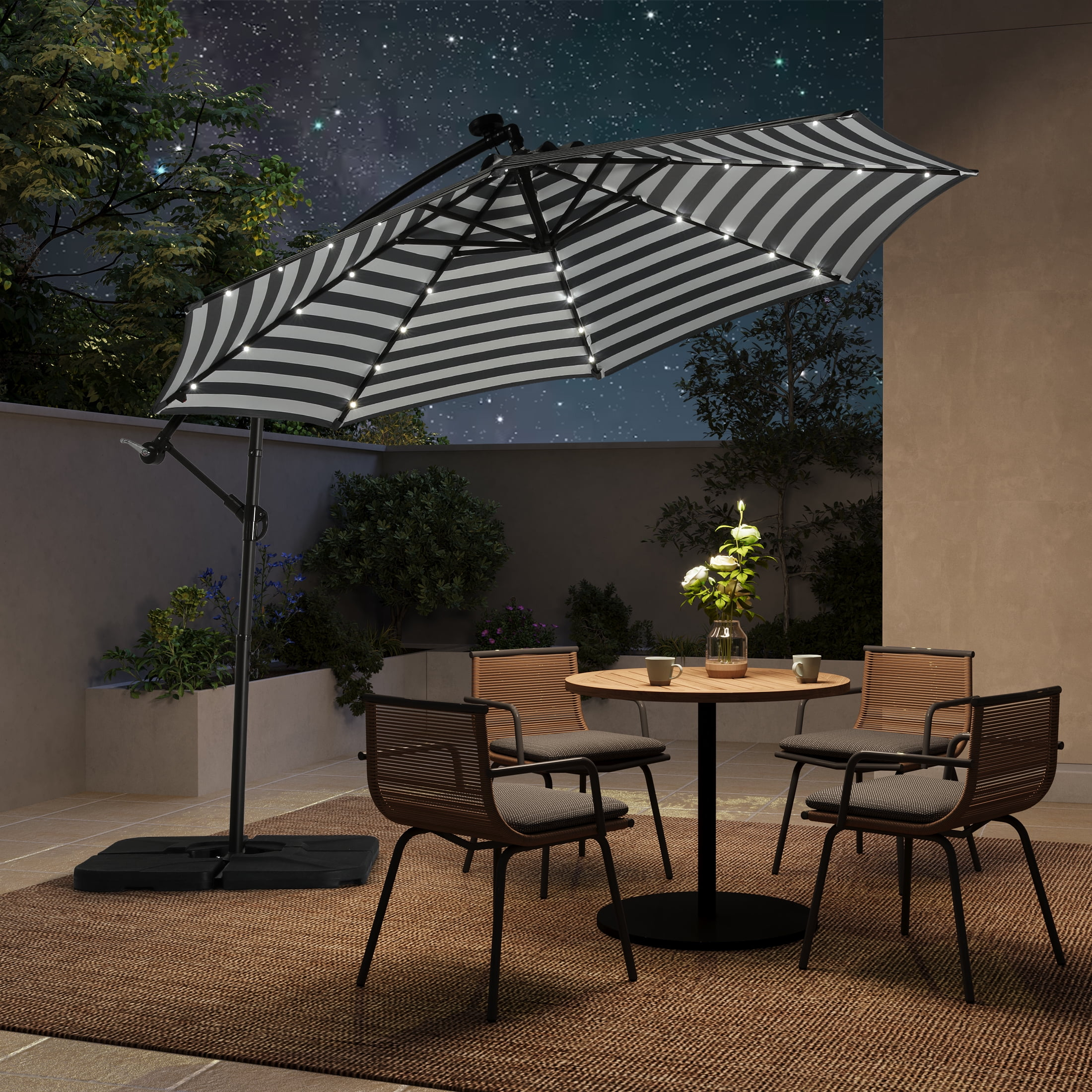 WestinTrends Albert 10 Ft Offset Patio Umbrella, Solar Powered 32 LED Light Outdoor Pool Hanging Cantilever Umbrella with Infinite Tilt and Crank Lift, Gray/White