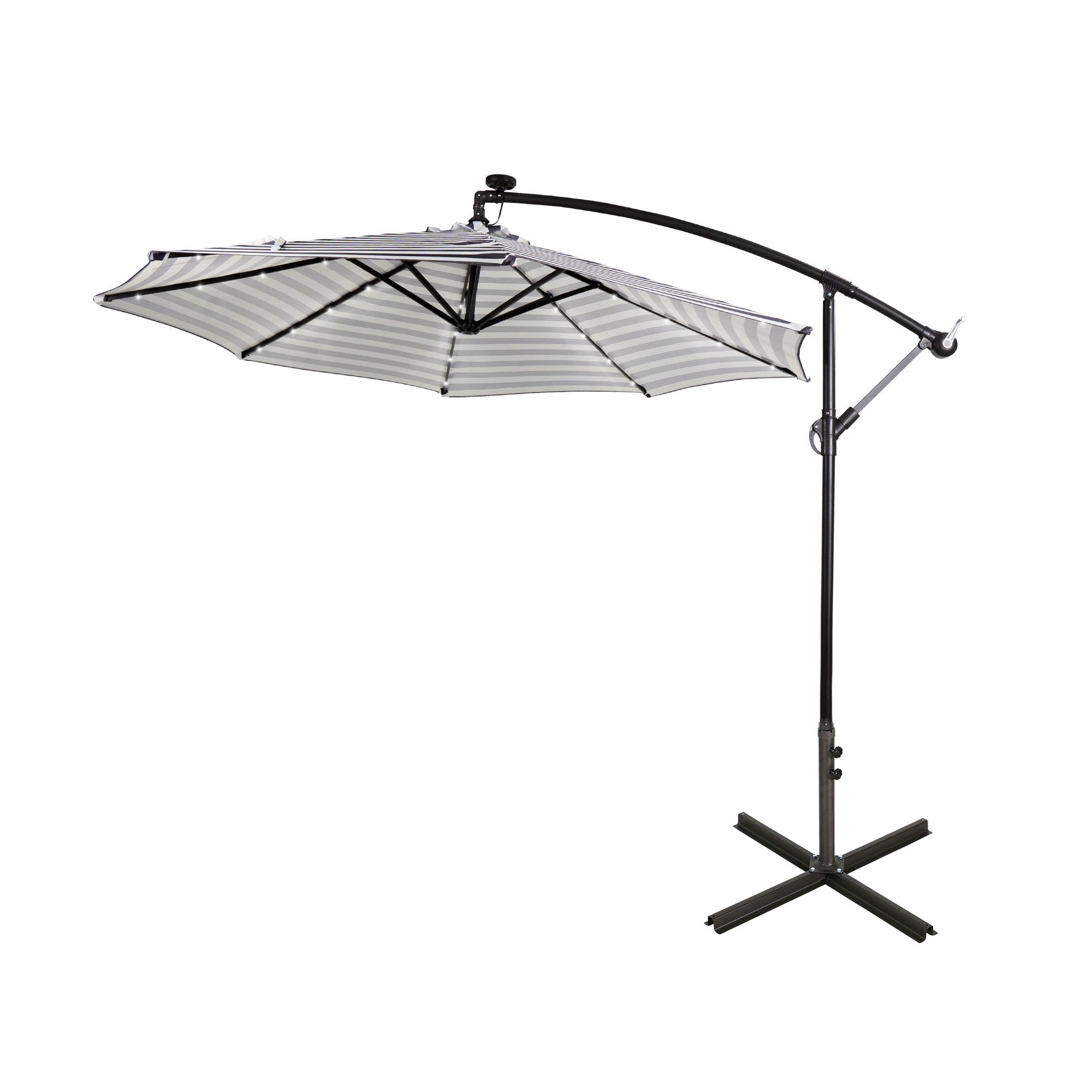 WestinTrends Albert 10 Ft Offset Patio Umbrella, Solar Powered 32 LED Light Outdoor Pool Hanging Cantilever Umbrella with Infinite Tilt and Crank Lift, Gray/White