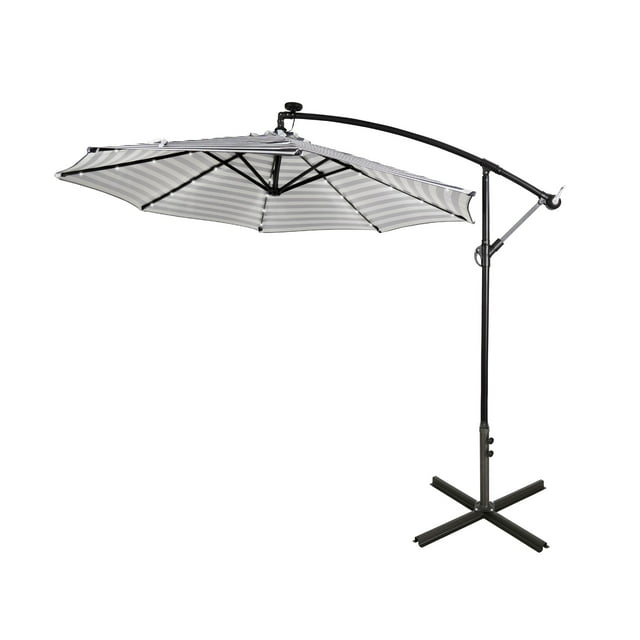 WestinTrends Albert 10 Ft Offset Patio Umbrella, Solar Powered 32 LED Light Outdoor Pool Hanging Cantilever Umbrella with Infinite Tilt and Crank Lift, Gray/White