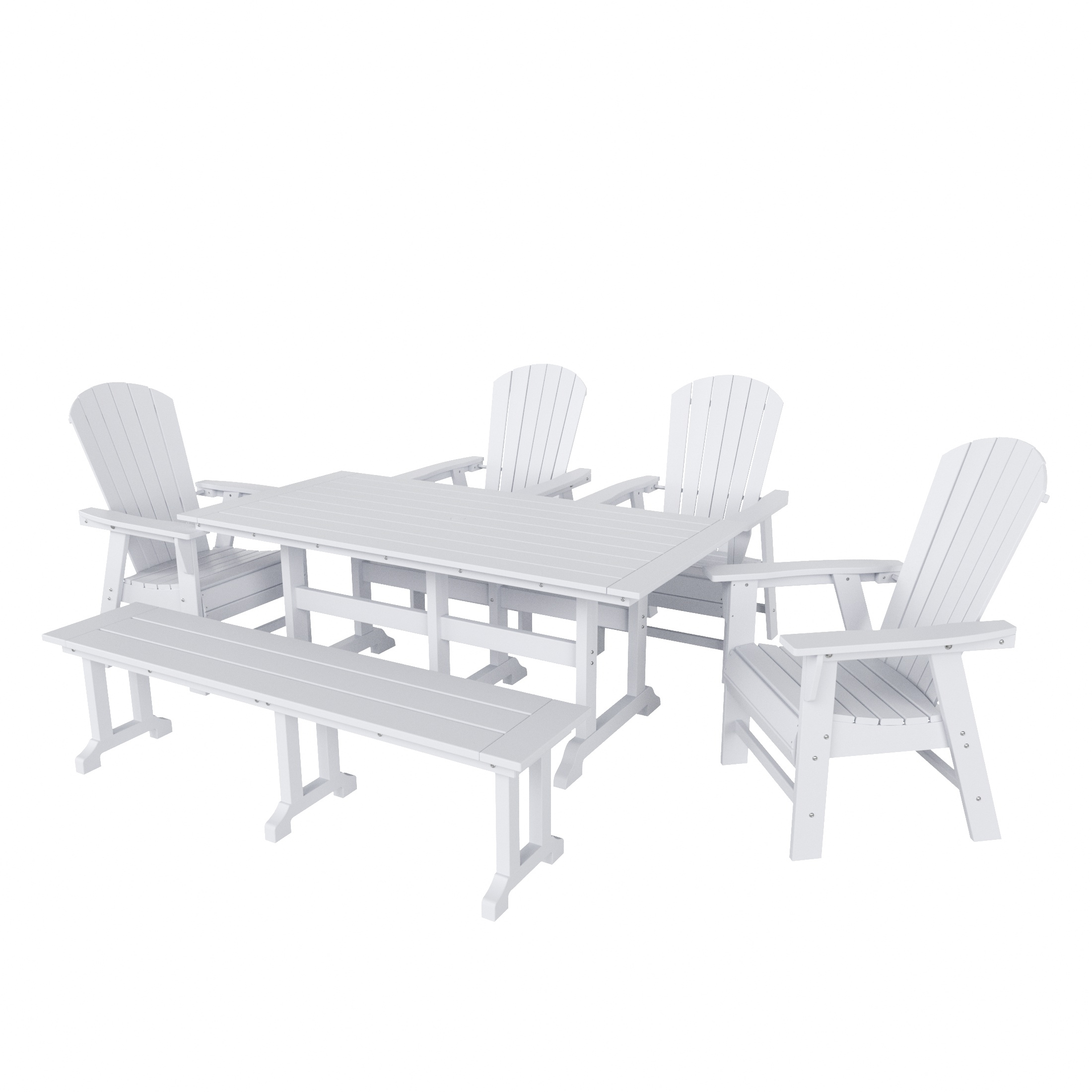WestinTrends Dylan Adirondack Patio Dining Set for 6, All Weather Poly Lumber Outdoor Table and Chairs Set of 4, 71" Trestle Table and Adirondack Dining Chair with Dining Bench, White