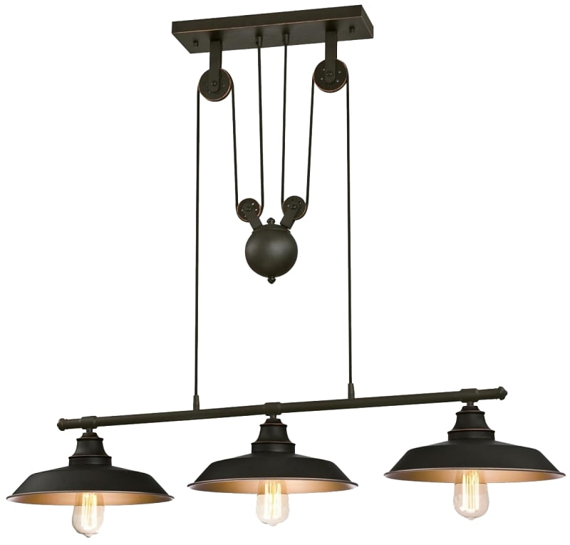 Westinghouse 6332500 Iron Hill Three-Light Indoor Island Pulley Pendant, Finish with Highlights and Metallic Interior, 3, Oil Rubbed Bronze/Bronze