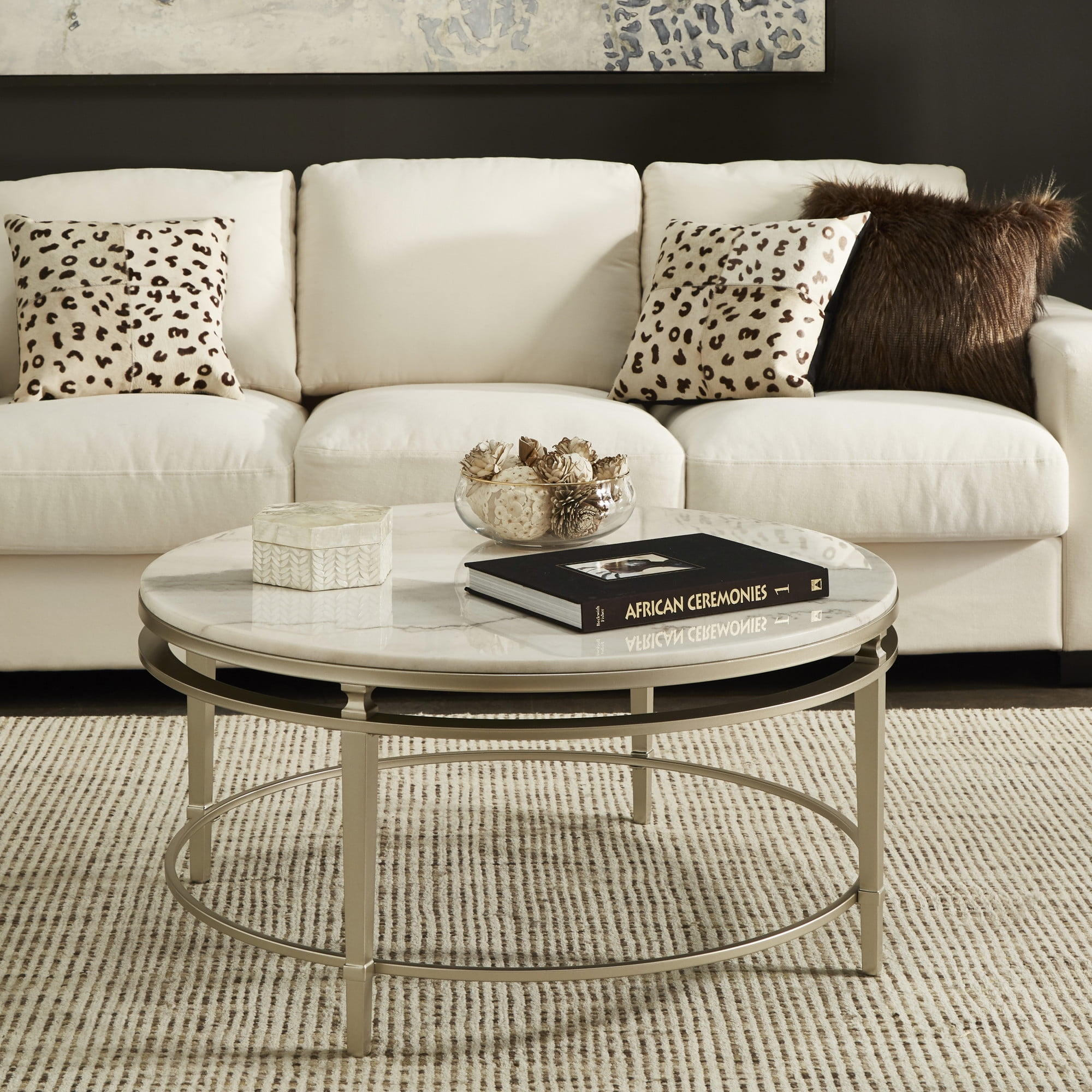Weston Home Timo Champagne Silver Finish Round Marble Top Coffee Table