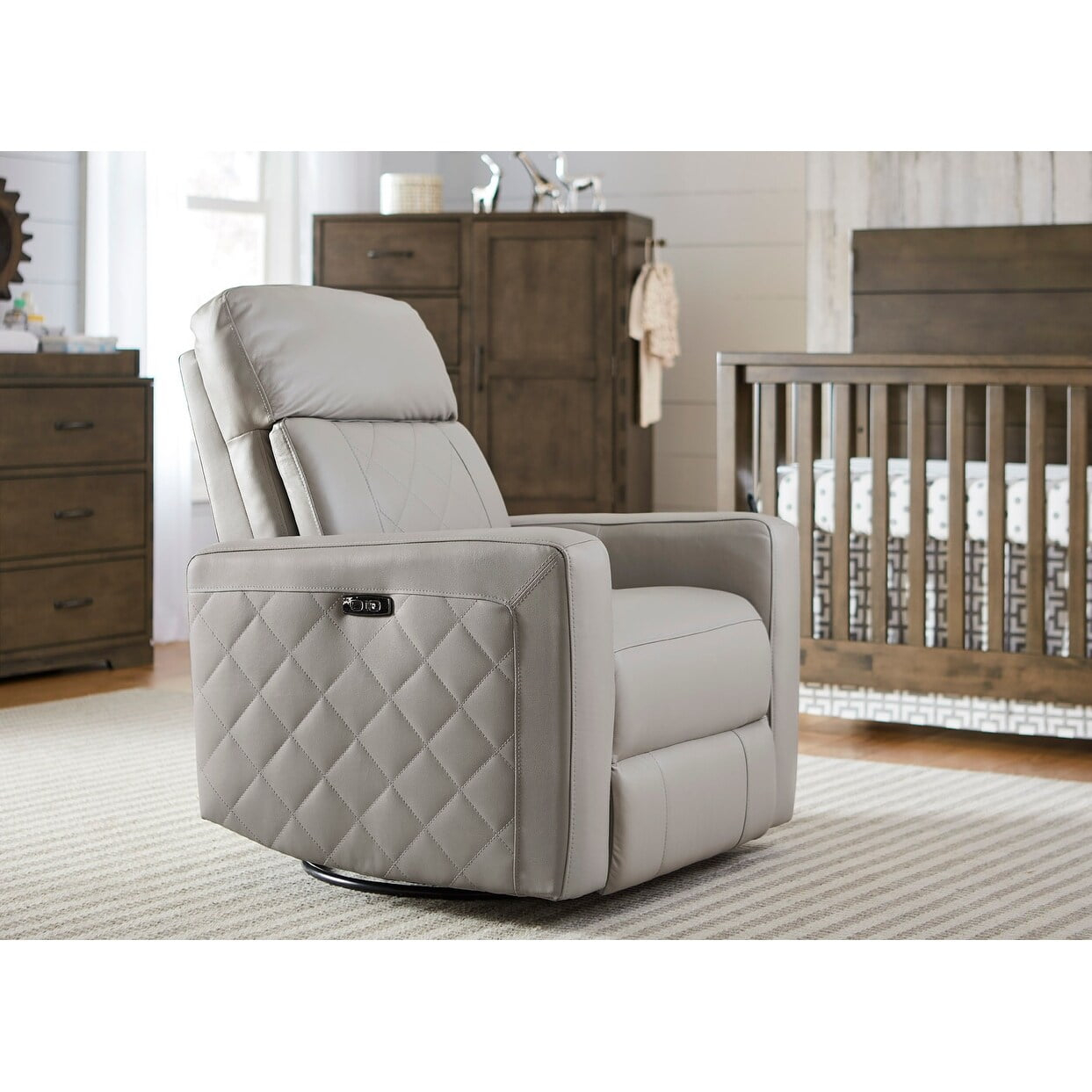 Westwood Design Soho Wood Leather Power-USB Glider Recliner in Cloud Gray