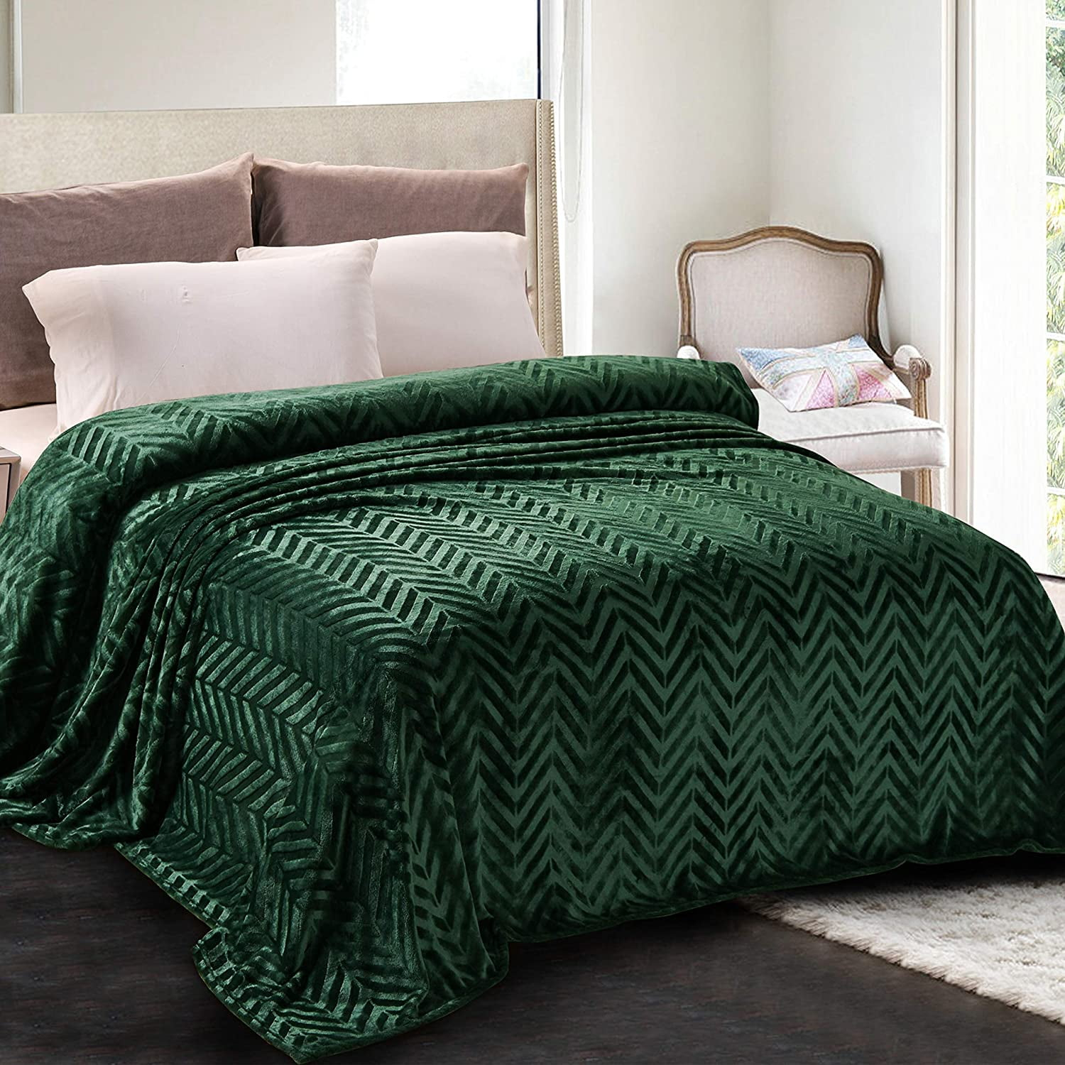 Whale Flotilla Flannel Fleece Queen Size(90x90 Inch) Lightweight Bed Blanket, Soft Velvet Bedspread Plush Fluffy Coverlet Palm Leaf Design Decorative Blanket for All Seasons, Dark Green…