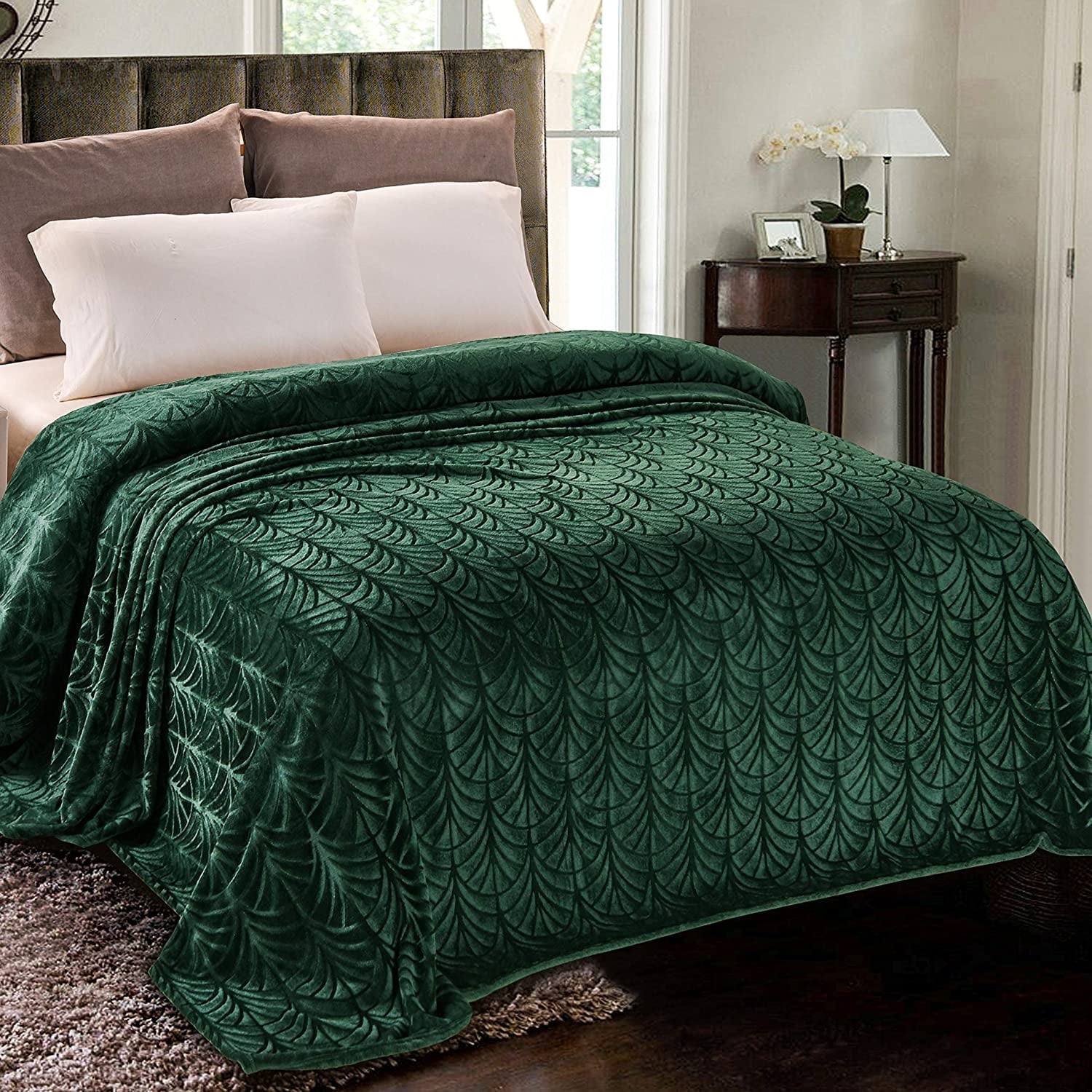 Whale Flotilla Flannel Fleece Queen Size(90x90 Inch) Lightweight Bed Blanket, Soft Velvet Bedspread Plush Fluffy Coverlet Palm Leaf Design Decorative Blanket for All Seasons, Dark Green…