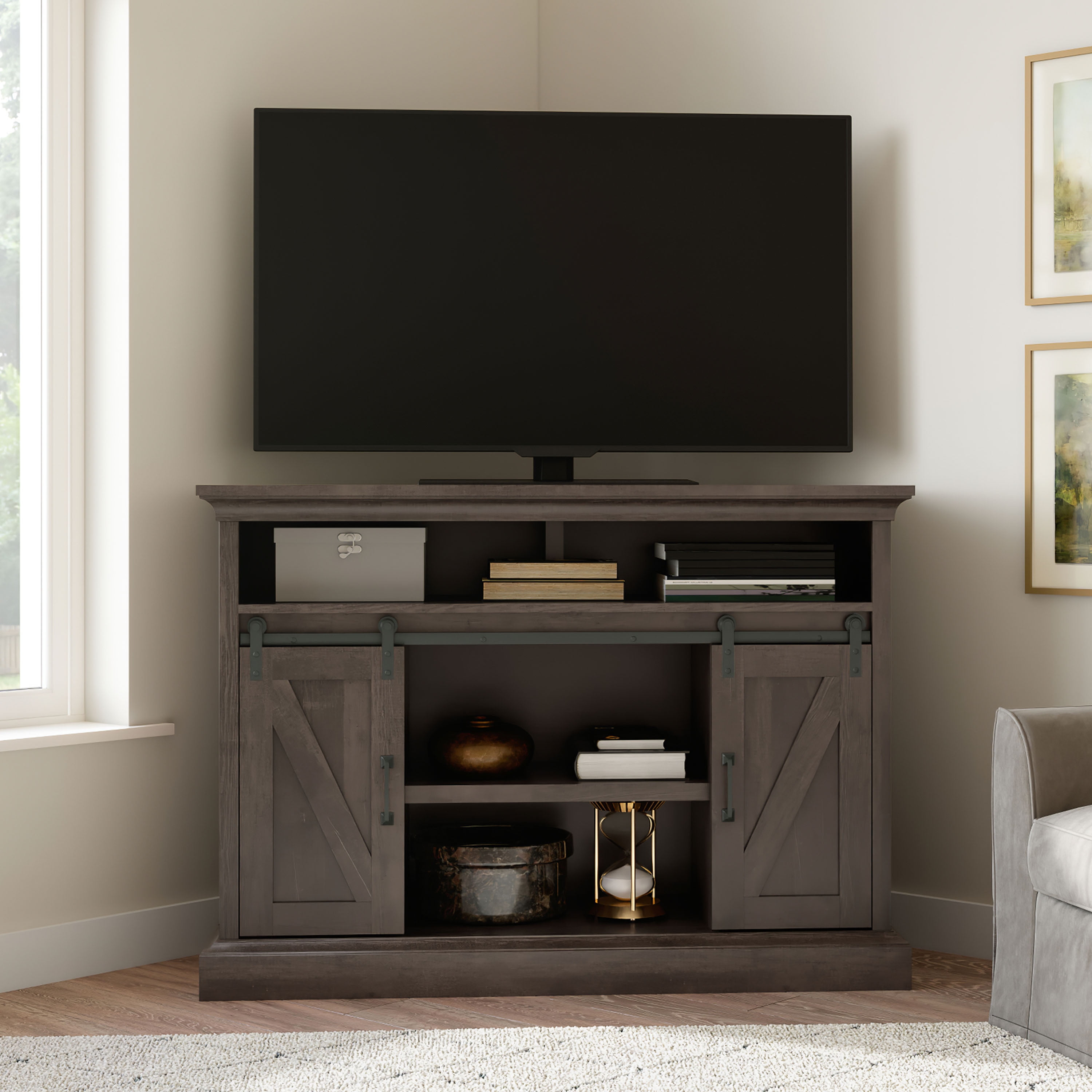 Whalen Furniture Allston Barn Door Corner TV Stand for TVs up to 55", Brown