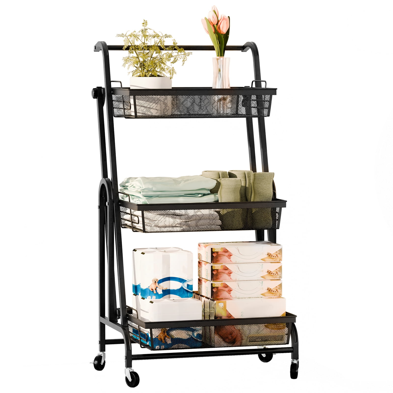 Wharick Foldable Storage Cart 3 Tier Rolling Cart with Wheels Folding Metal Cart Organizer with Handle Utility Cart with Basket for Kitchen Pantry, Classroom, Office