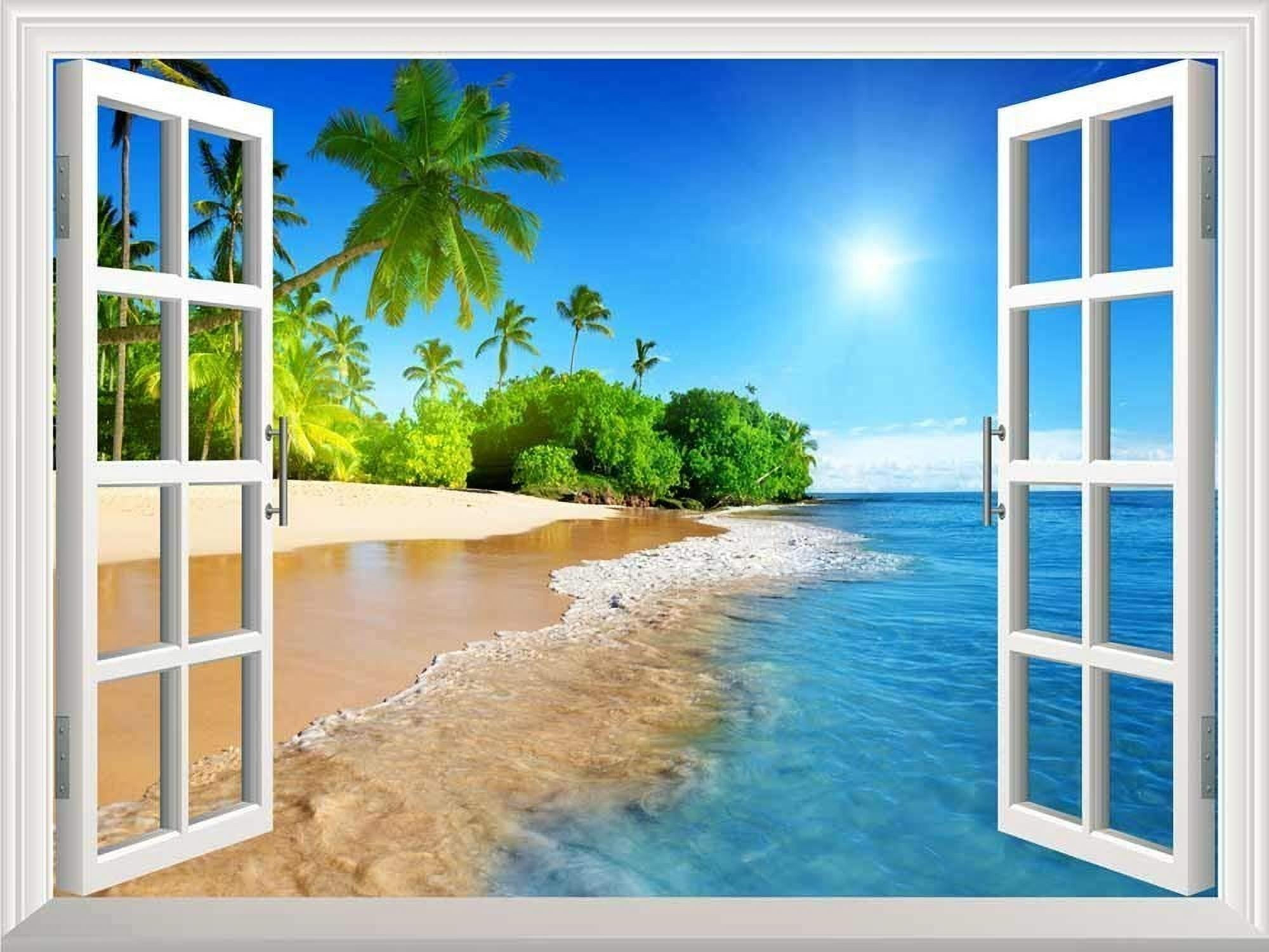 White Beach with Blue Sea and Palm Tree Open Window Mural Wall Sticker - 24"x32"