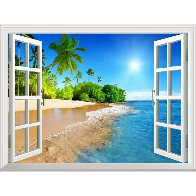 White Beach with Blue Sea and Palm Tree Open Window Mural Wall Sticker - 24"x32"
