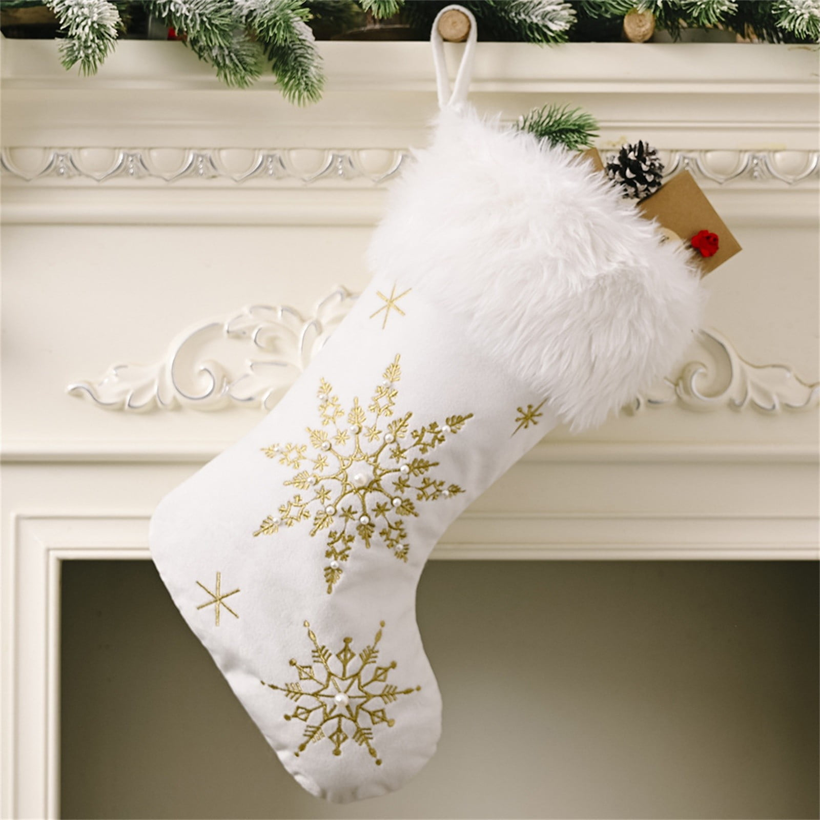 White Christmas Stockings 1 Pack, Family Stockings Christmas 19.7” Large Christmas Stockings with Plush Faux Fur Cuff (Silver/Gold Snowflake Embroidery) Giant Xmas Stockings Hanging Stockings
