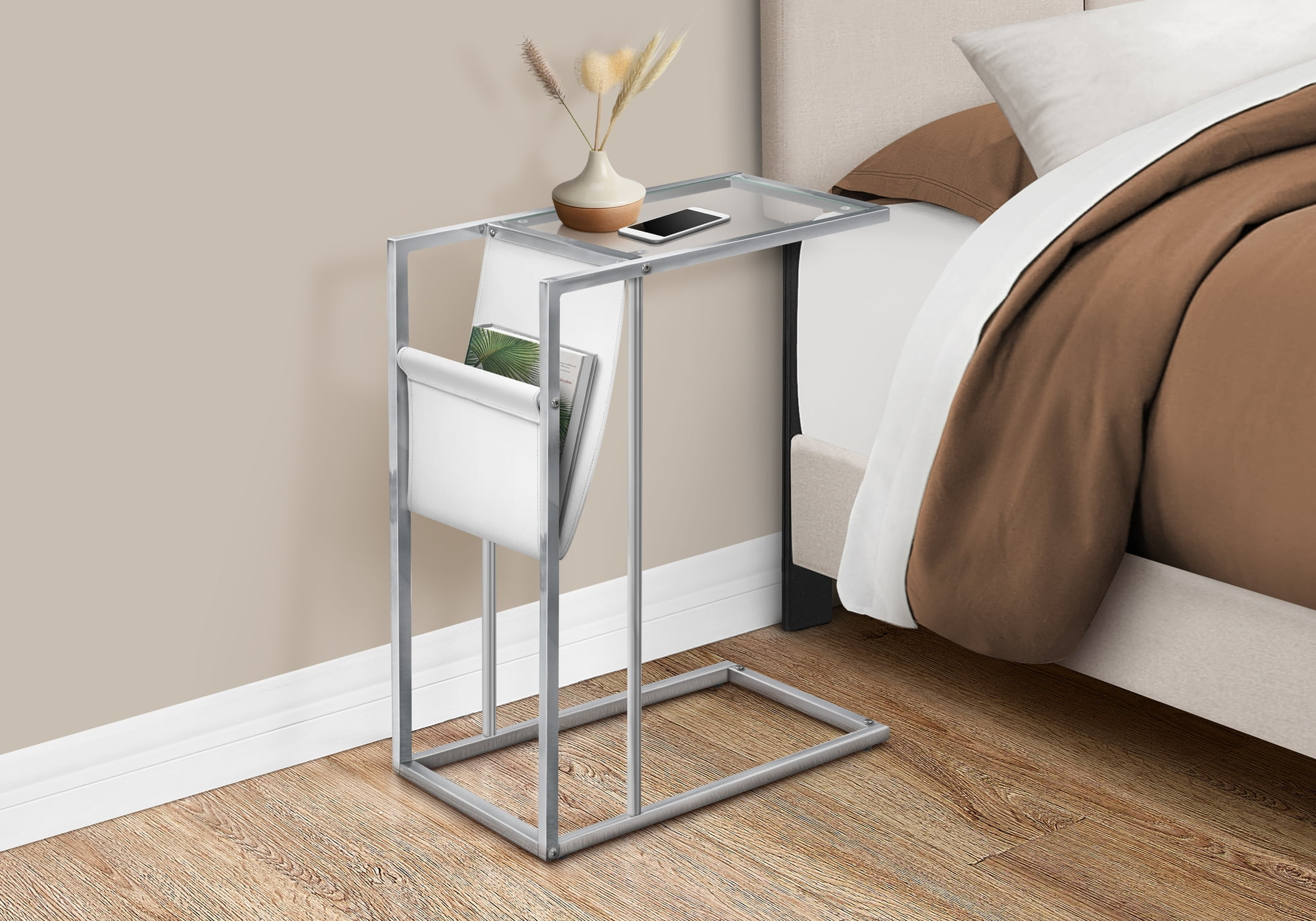 White/Chrome Metal Accent Table with Magazine Holder