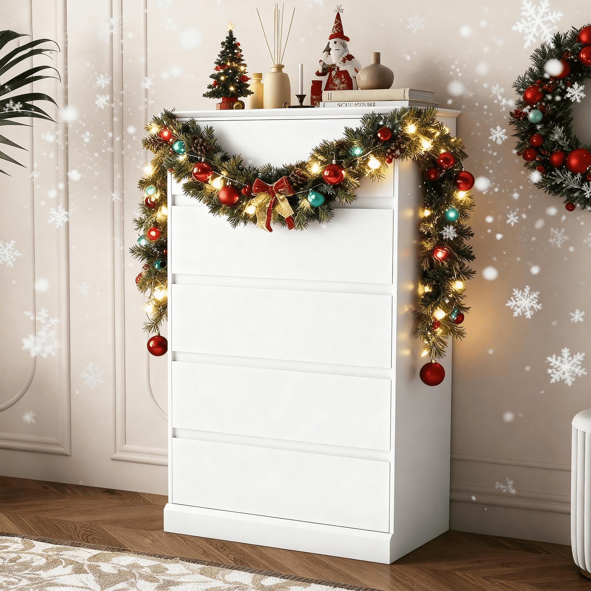 Cómoda Blanca de 5 Cajones para Dormitorio, Cómoda Moderna, Cómoda de Almacenamiento de Madera con Cajones Profundos para la Entrada Del Pasillo de la Sala de Estar,