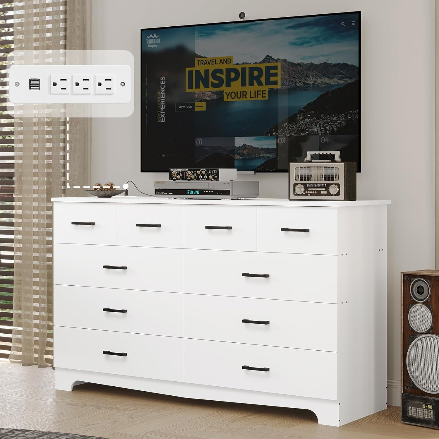 10 Drawers Dresser for Bedroom, Chest of Drawers with Charging Station, Bedroom Storage Organizer, White