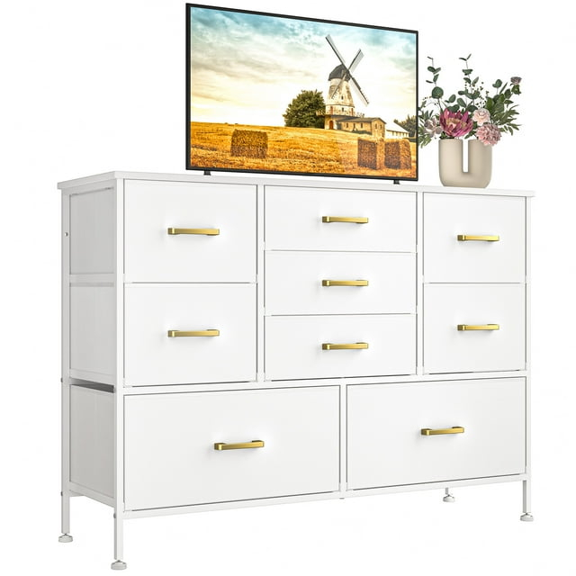 White Fabric Chest of Drawers with Leather Finish, Wide Dresser for Bedroom & Living Room TV Stand, Entertainment Center, Featuring 9 Drawers for 50” TV
