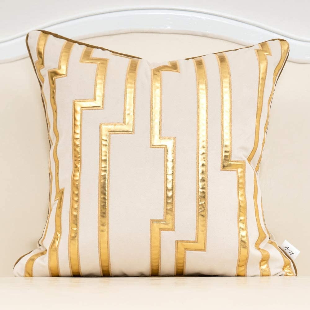 White Geometric Gold Leather Striped Throw Pillow Covers 18" x 18", Luxury European Cushion Cases Decorative Pillows for Couch Living Room Bedroom 40 x 40cm