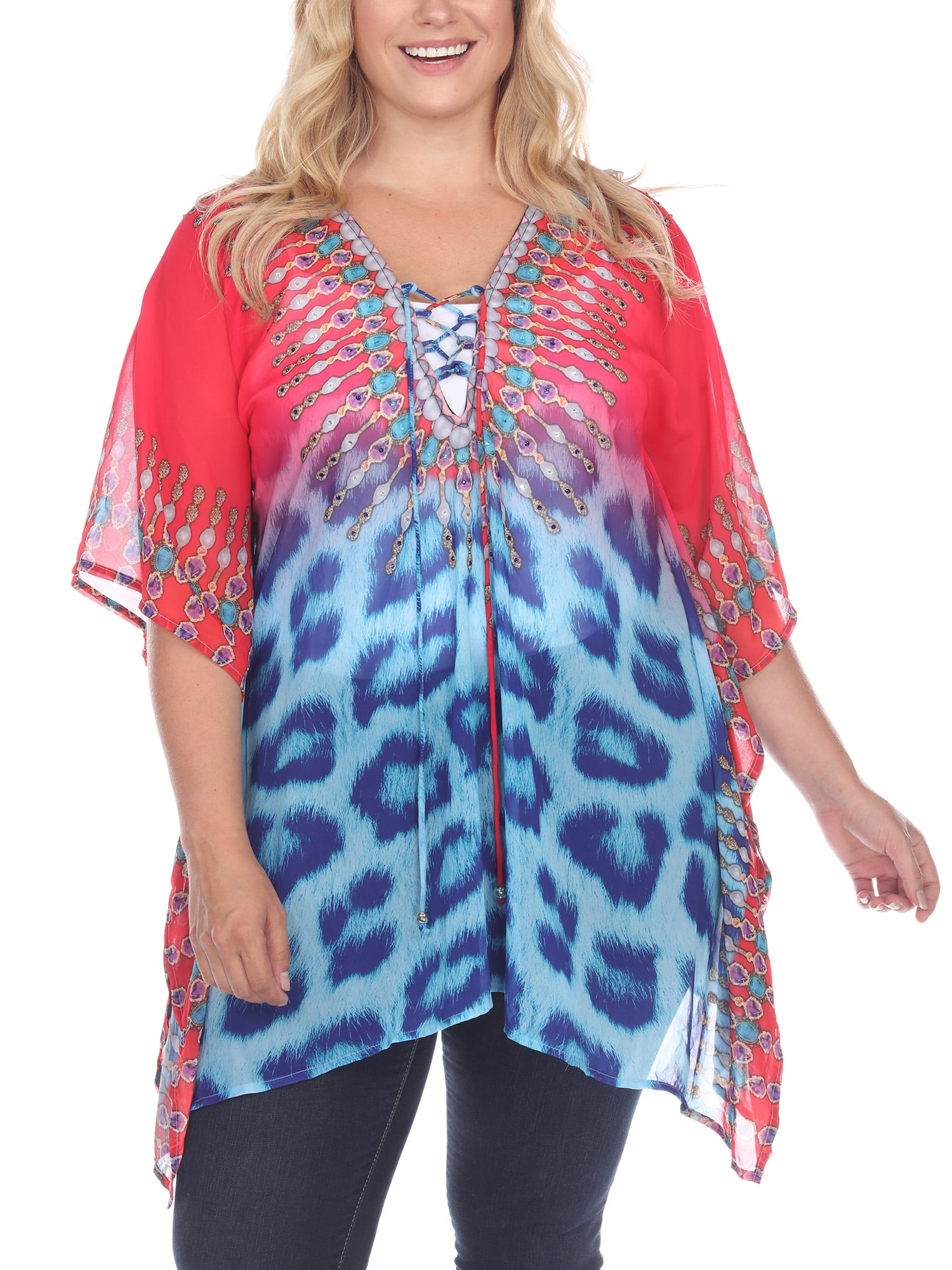 Women's Plus Size Animal Print Caftan with Tie-up Neckline Pink Leopard One Size Fits Most Plus - White Mark