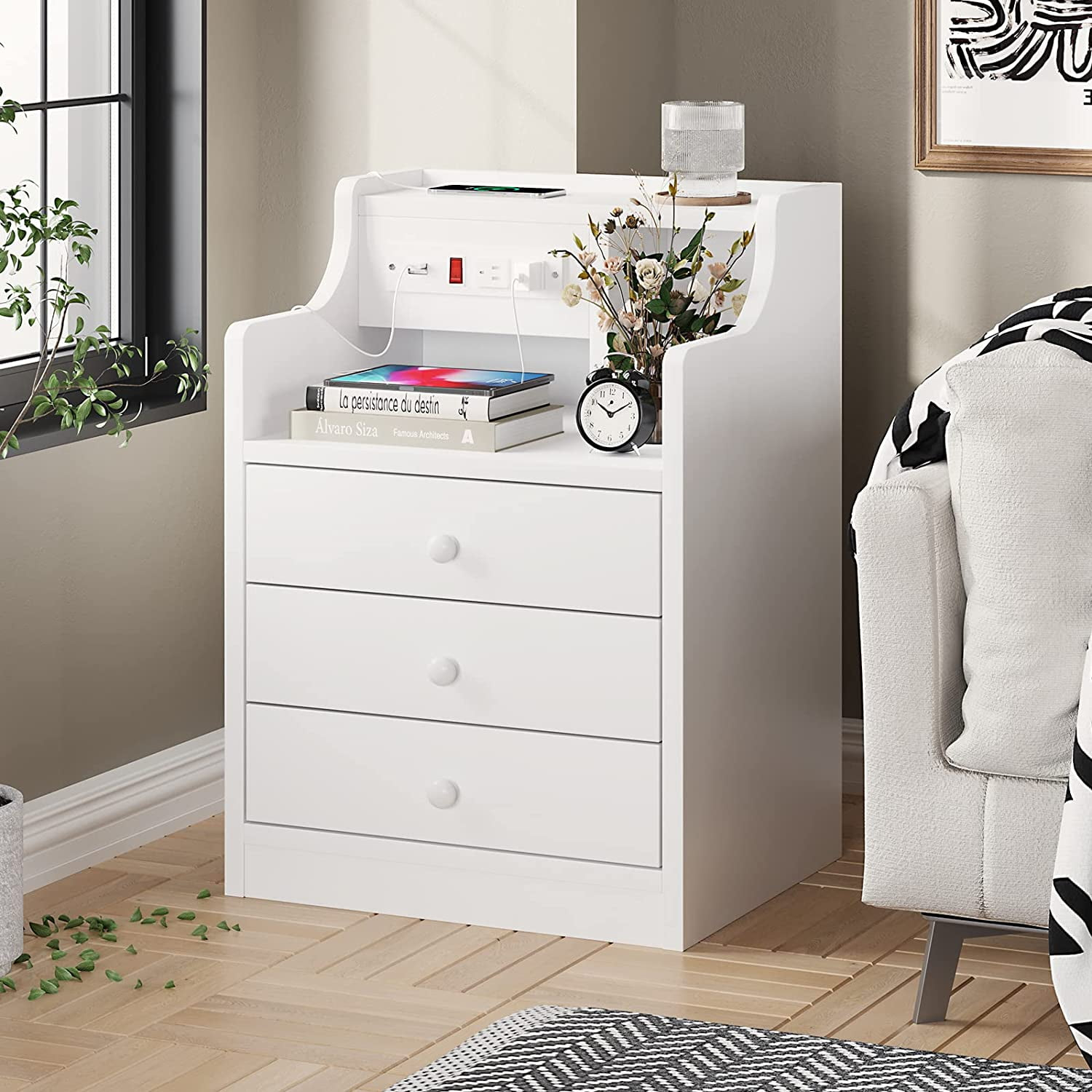 White 3-Drawer Nightstand with USB Ports and Outlets