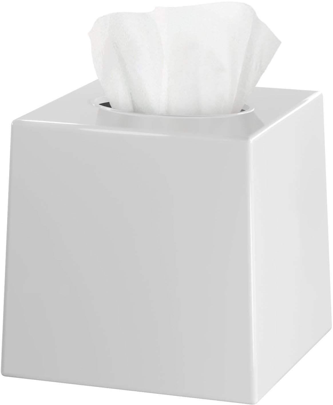 White Tissue Box Cover Square - Plastic Facial Tissue Box Holder - Decorative Cube Tissue Holder Dispenser Fits Any Vanity Countertop, Bedroom Dresser, Office, Bathroom Decor C33