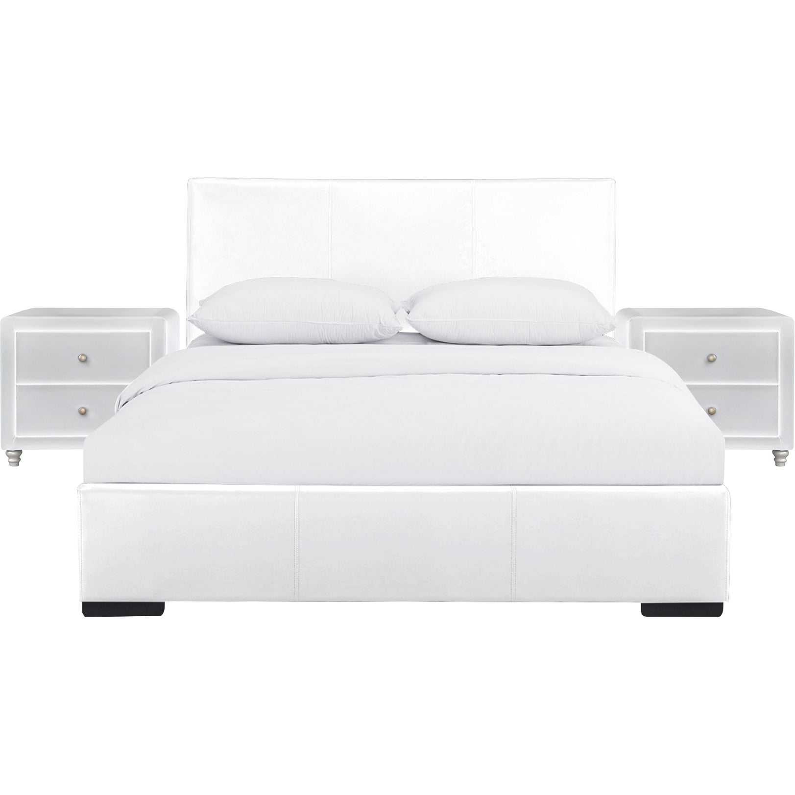 Camden Isle Hindes Platform Bedroom Set | Upholstered | Low Profile | Queen, White + 2 Nightstands