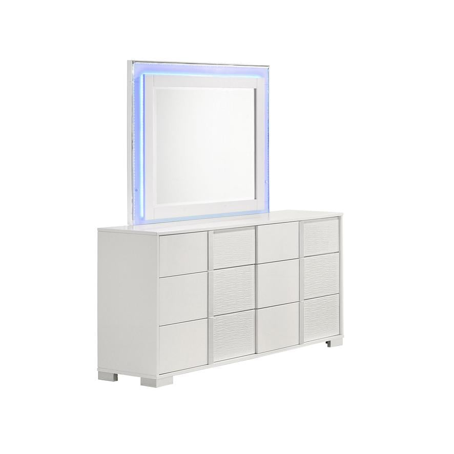 White Wood Lacquer 6 Drawer Dresser with Mirror and Blue LED Lighting