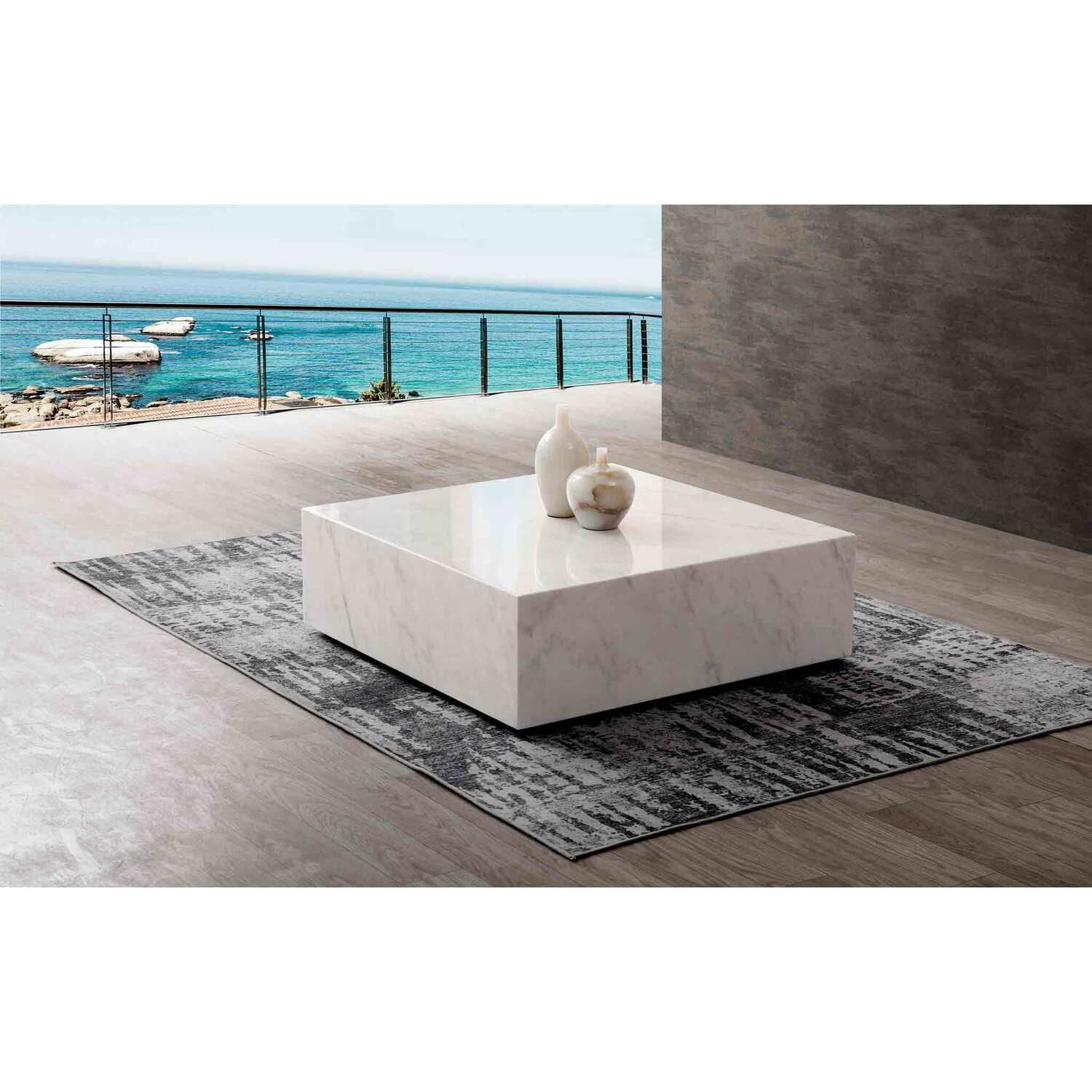 Whiteline Modern Living Cube Square white Marble coffee table, with casters