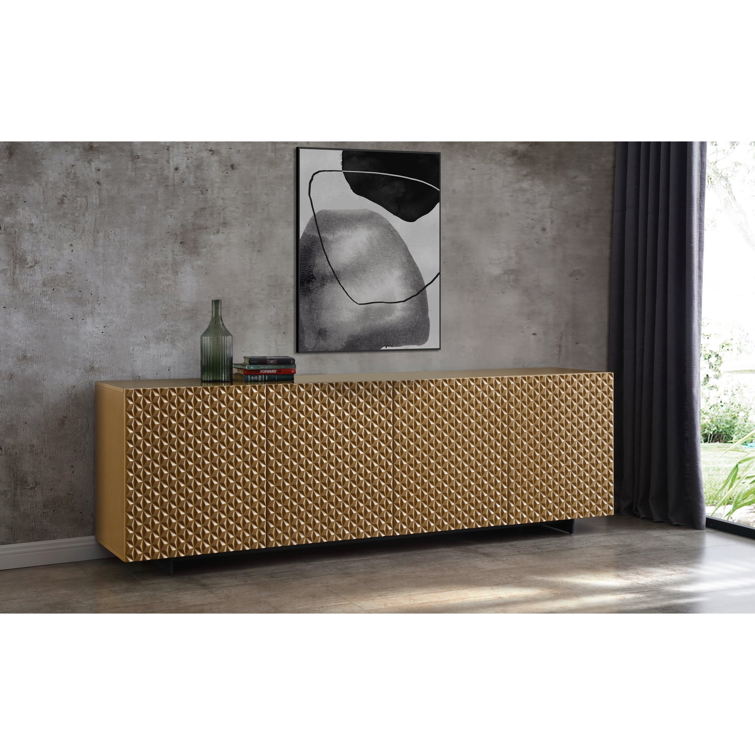 Whiteline Modern Living Harper Buffet Large 94", high gloss gold, Design on doors