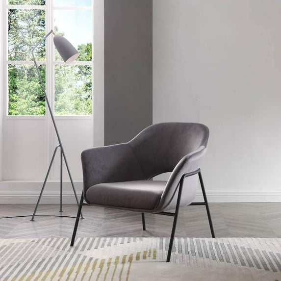 Whiteline Modern Living Karla Leisure Armchair, Grey velvet fabric, Sanded Black coated steel frame