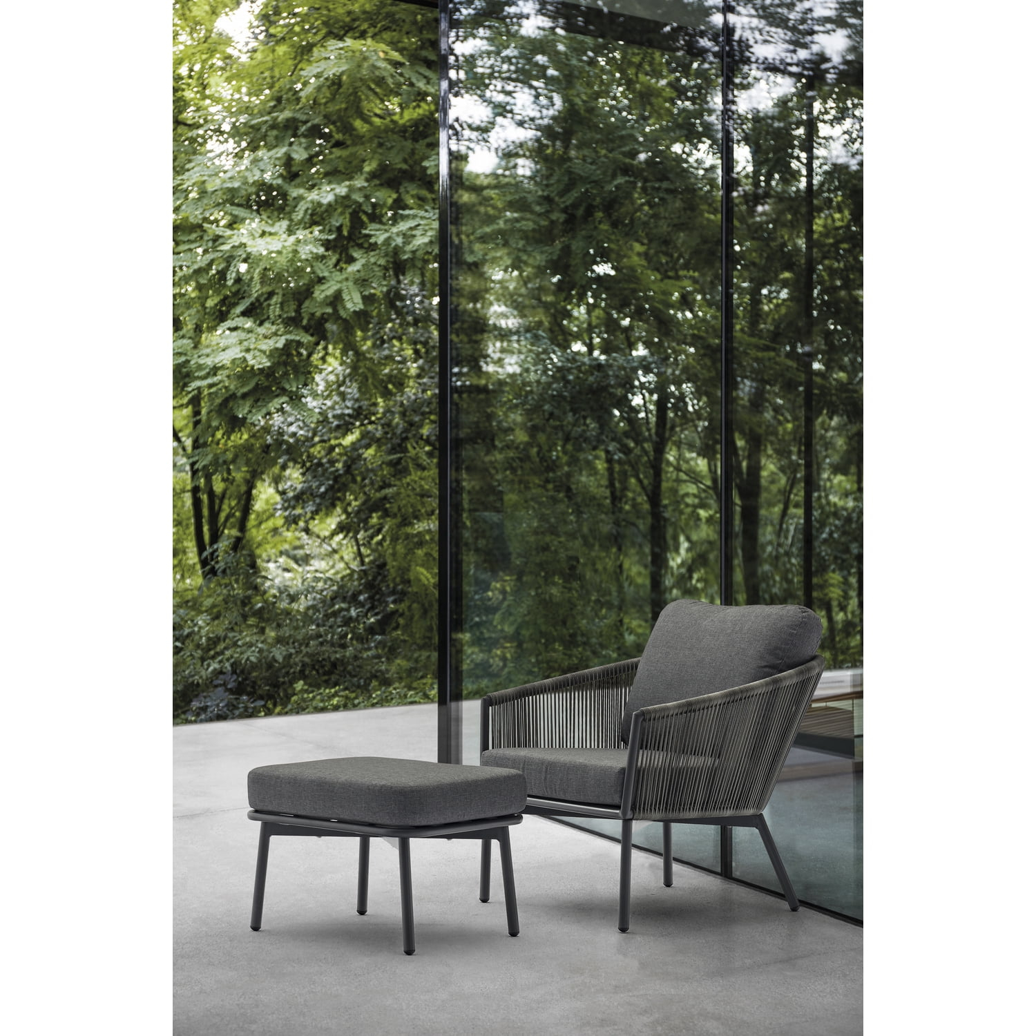 Whiteline Modern Living Yarrow Chair and Ottoman in Dark Gray Wicker and metal grey powder-coating legs
