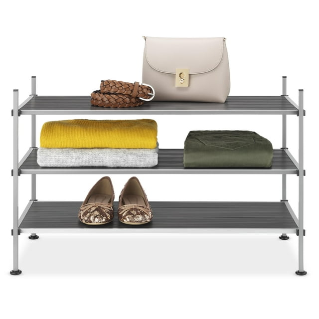 Whitmor 3-Tier Storage Shelves - Shoe Rack and Home Organizer - 12" x 25.625" x 17" - Silver Epoxy Iron Frame